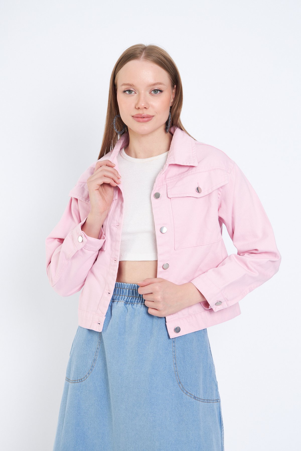 Denim Crop Ceket - Pembe