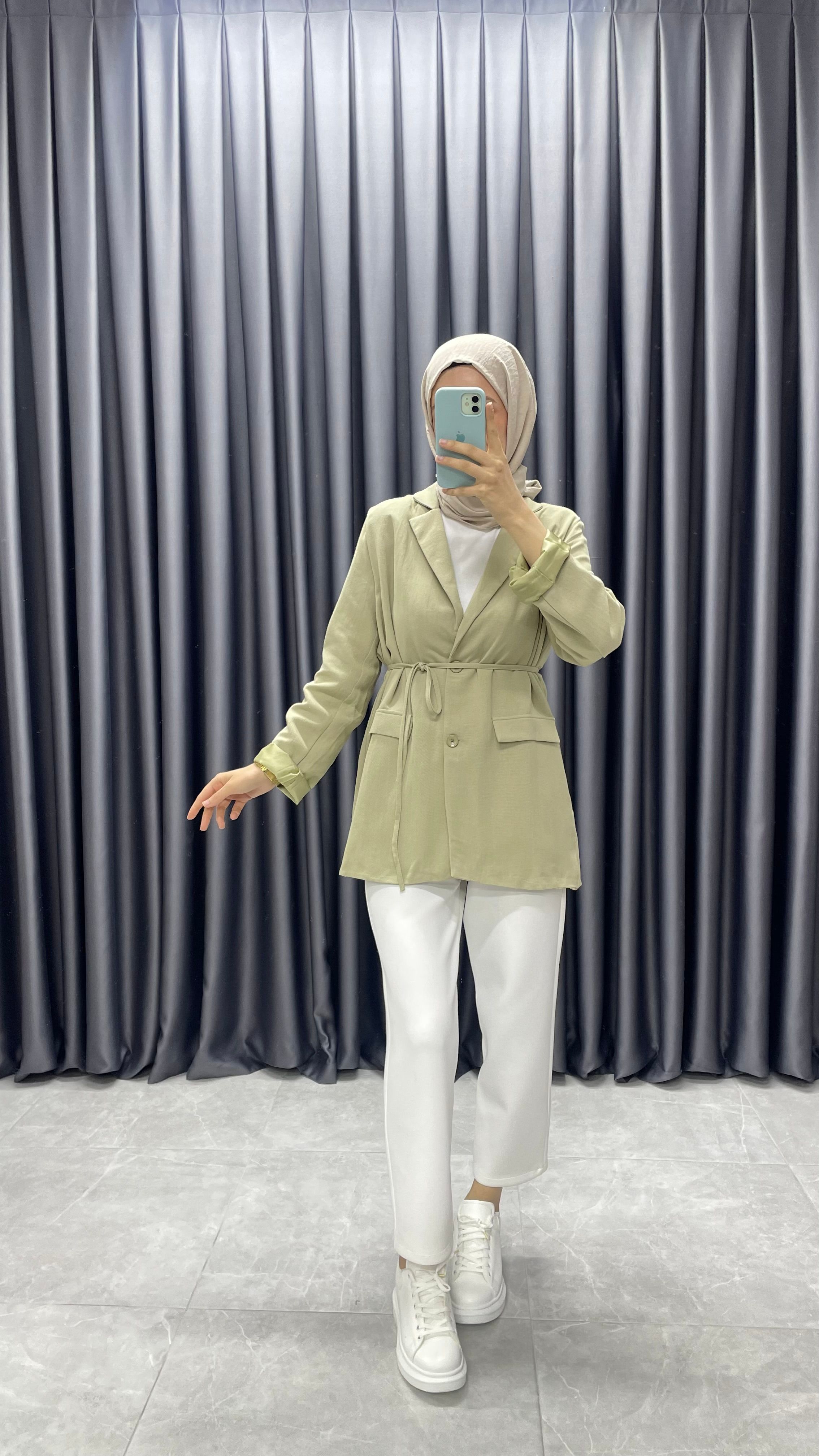 Keten Kemerli Blazer Ceket - Yeşil