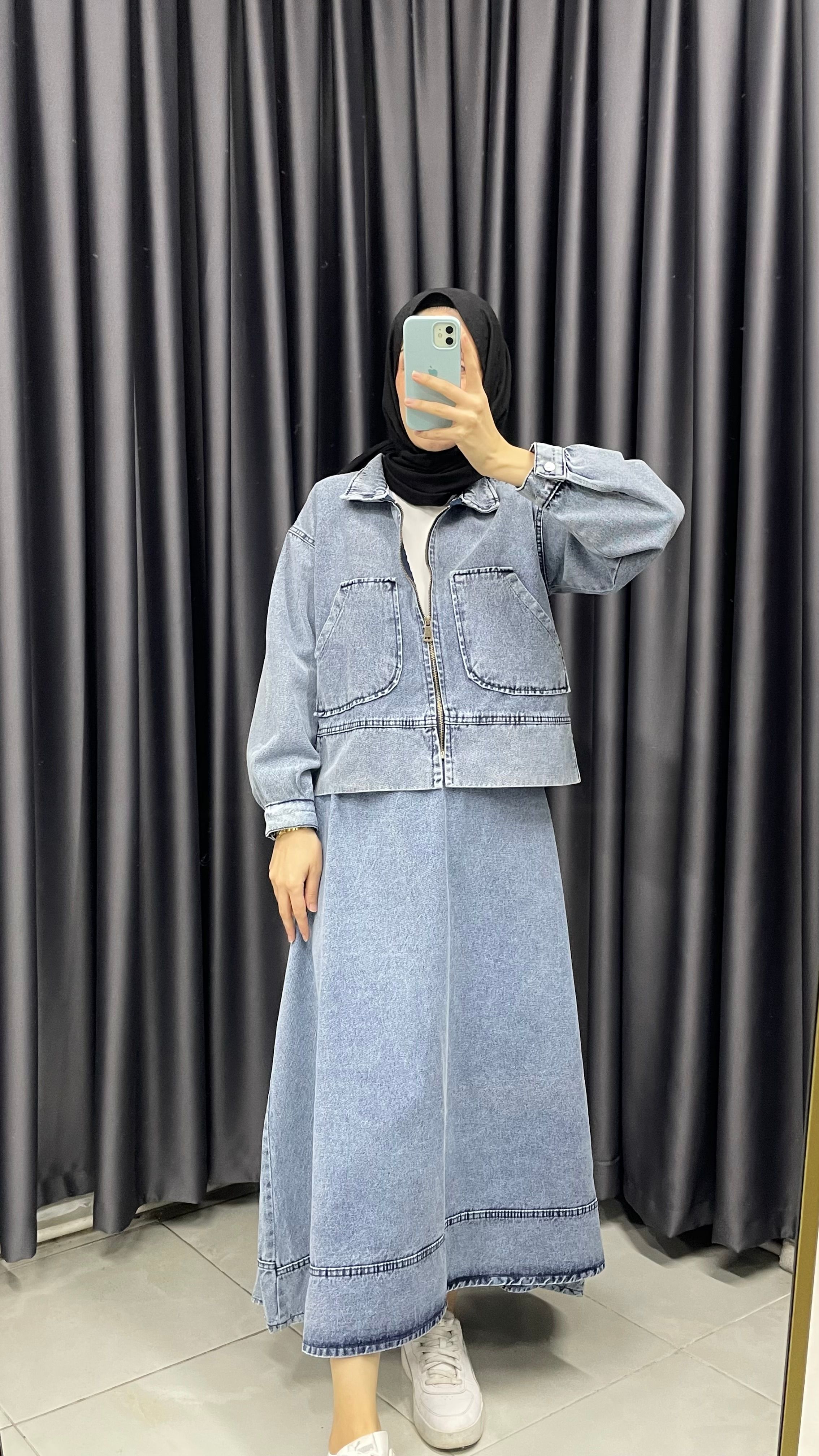 Denim Crop Ceket Etek Takım