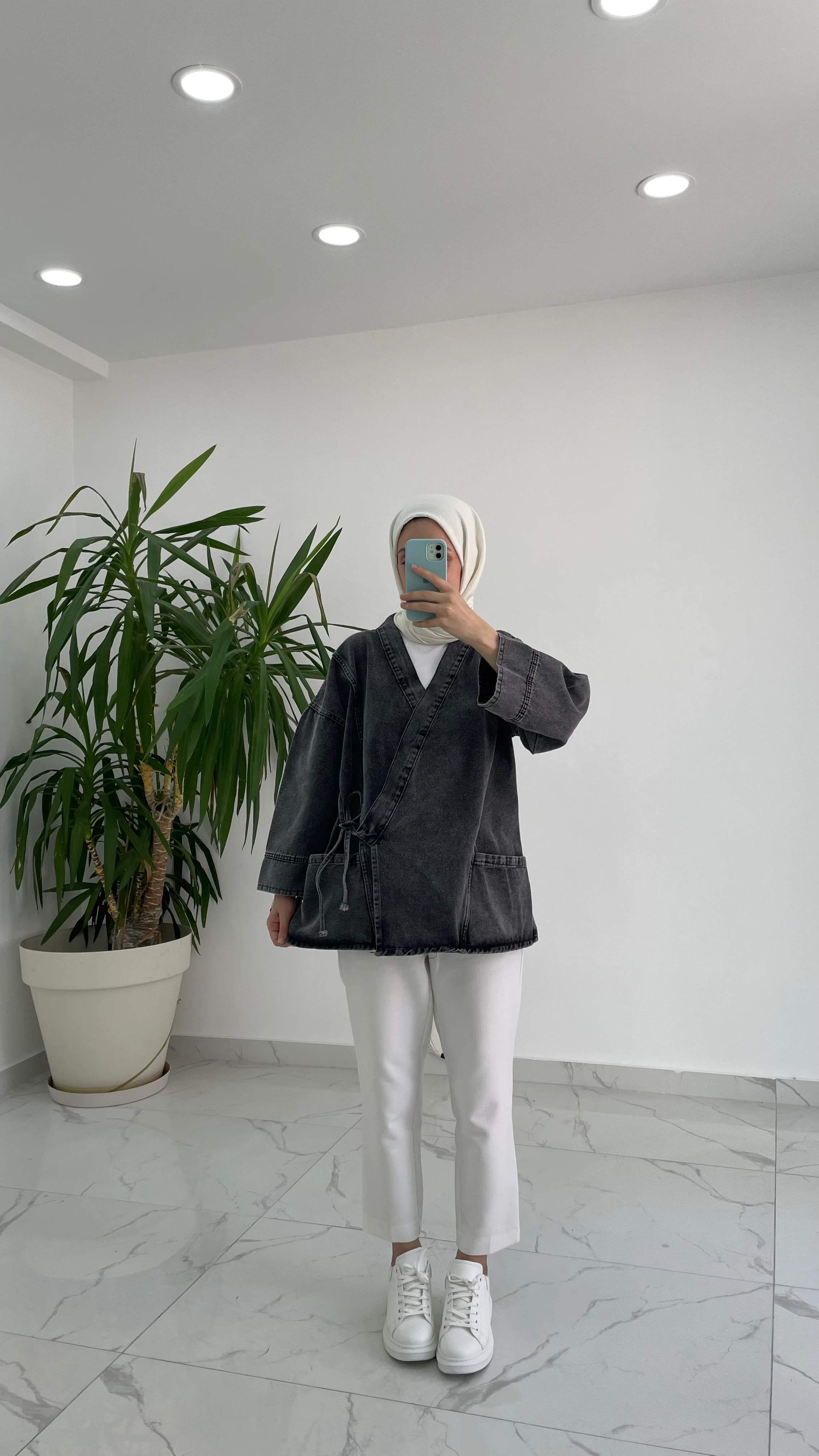 Bağlama Detaylı Denim Kimono - Antrasit