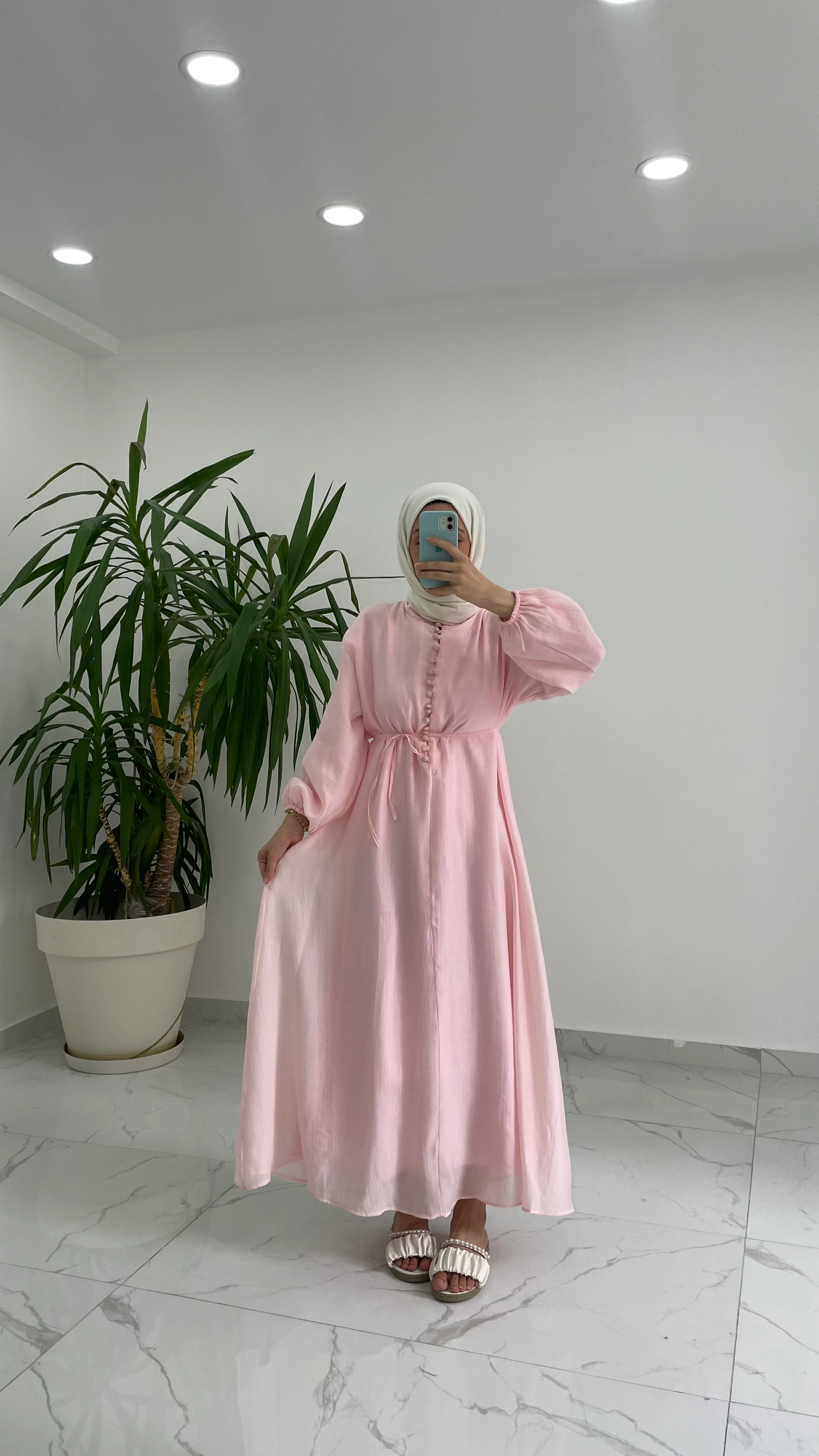 Grace Düğmeli Tül Elbise - Pembe