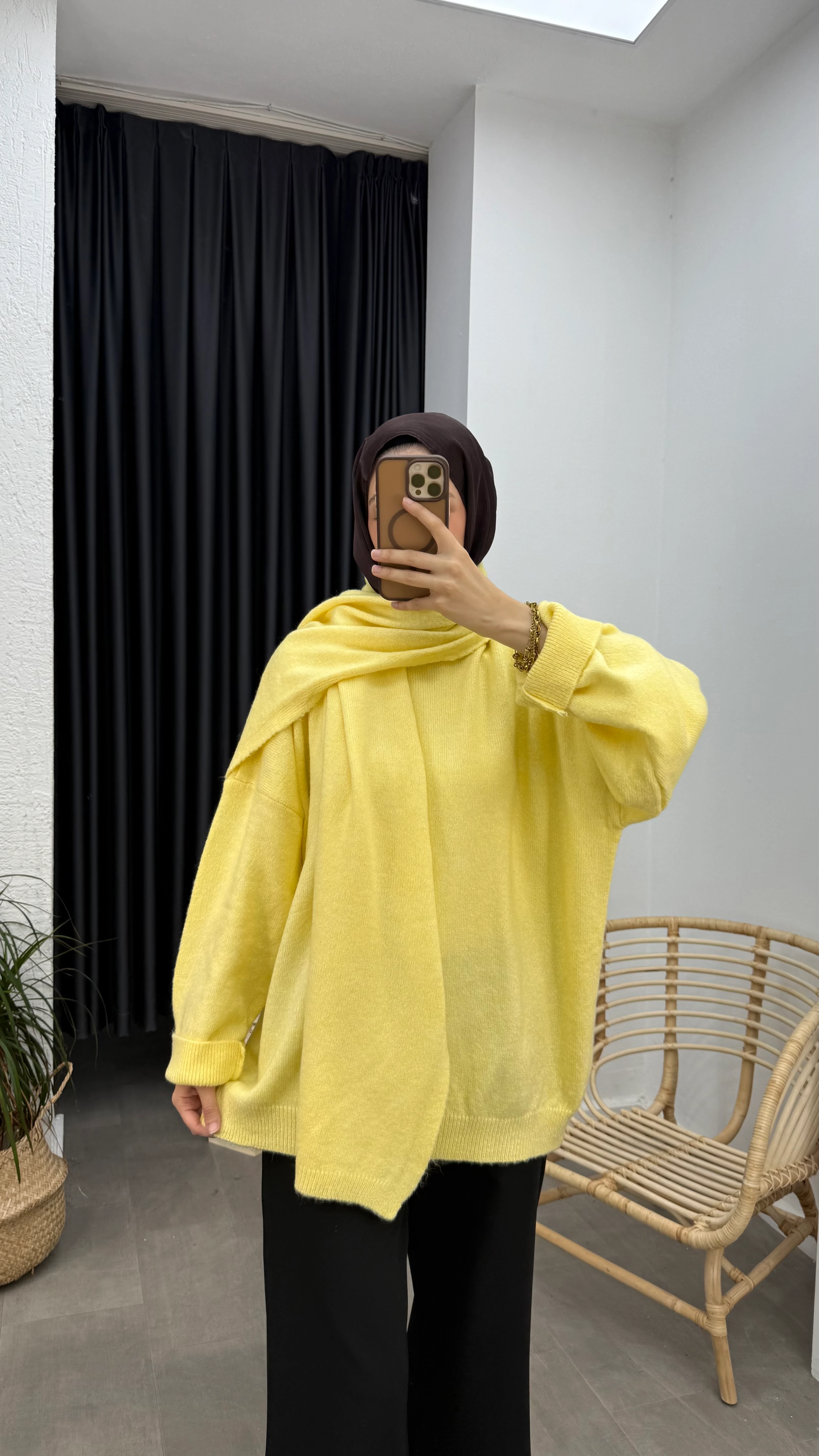 Atkılı Triko Kazak - Sarı