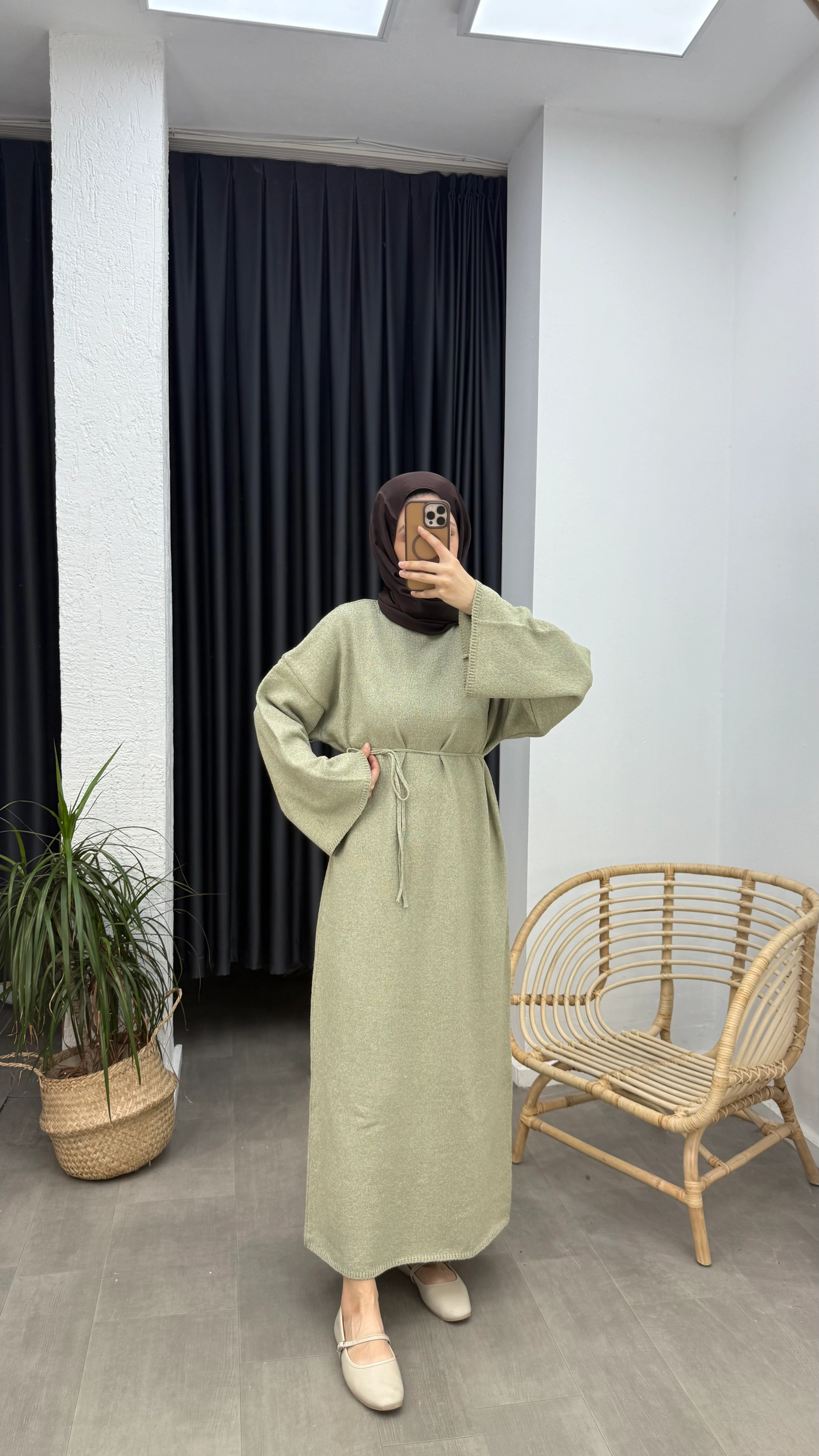 Punto Bağlama Detaylı Triko Elbise - Yeşil