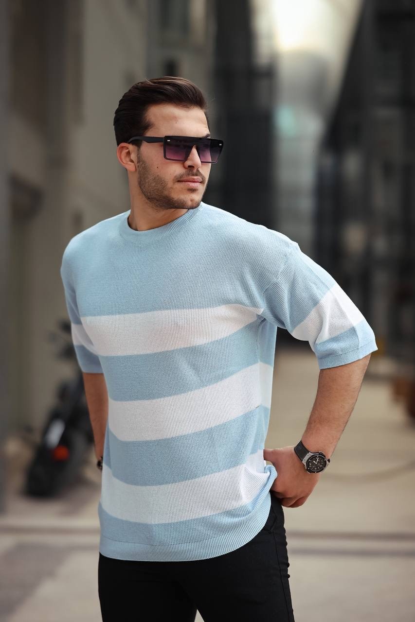 Basic Parçalı Oversize Triko T-shirt - Bebe Mavisi
