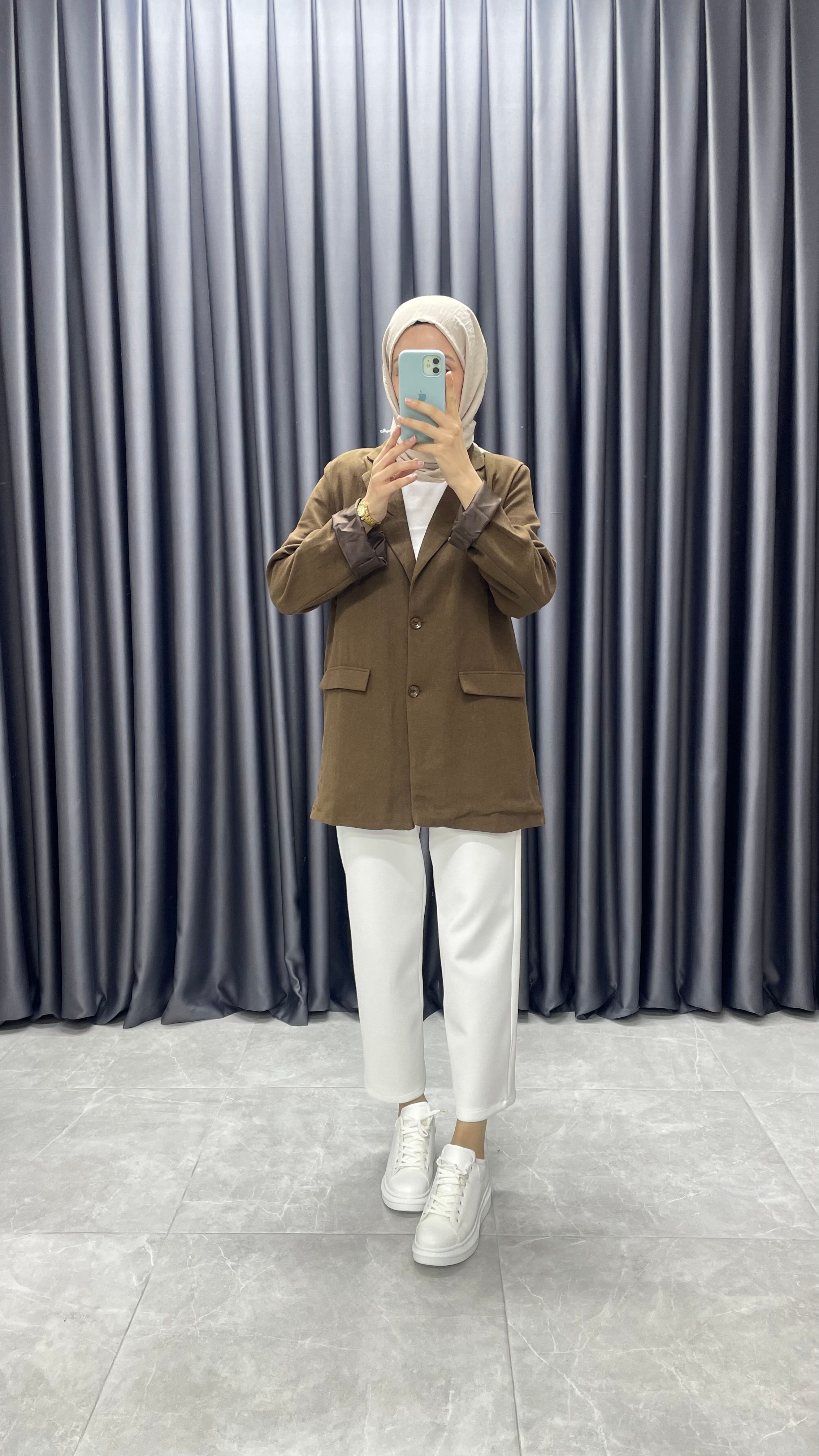 Keten Kemerli Blazer Ceket