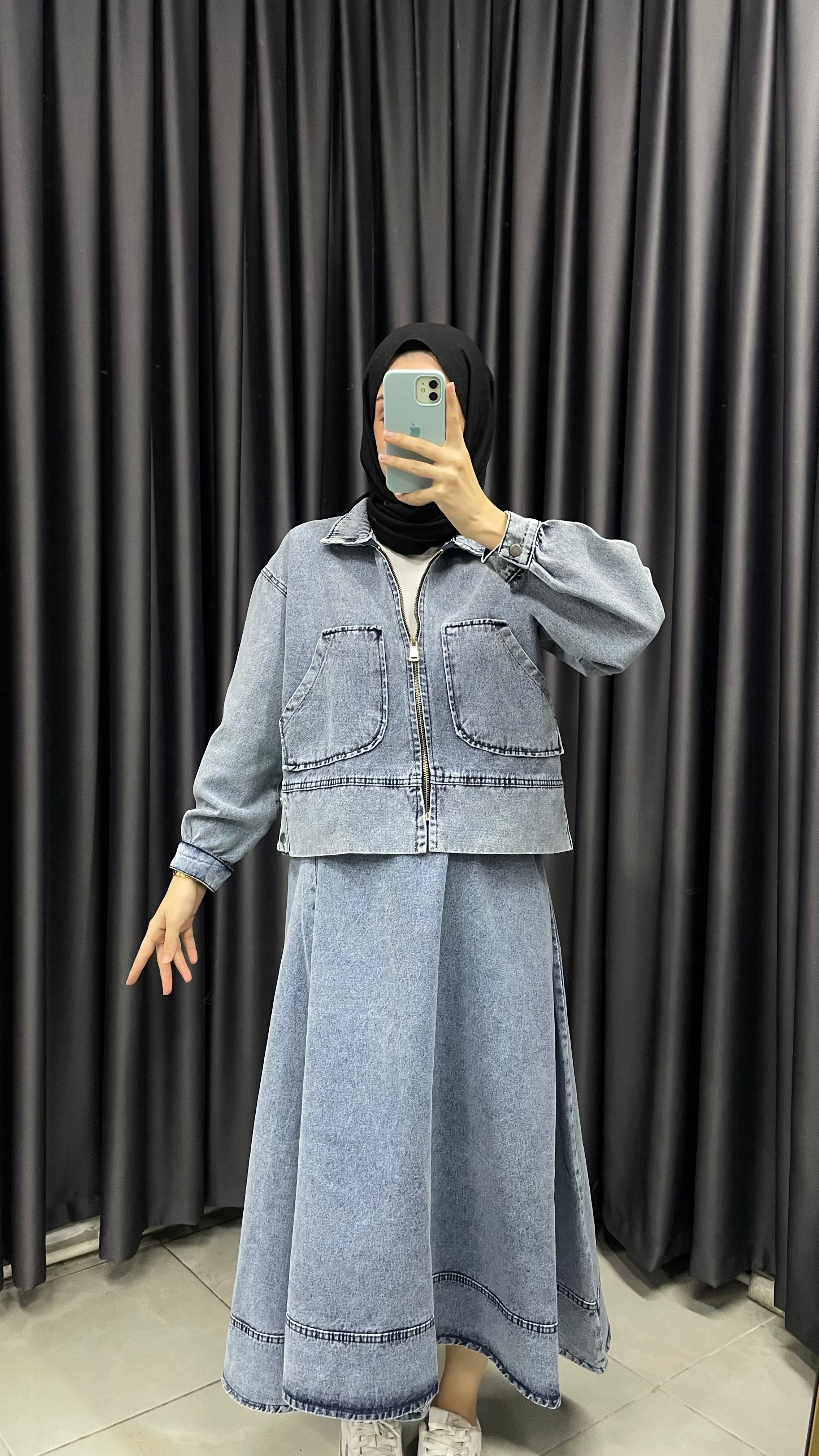 Denim Crop Ceket Etek Takım