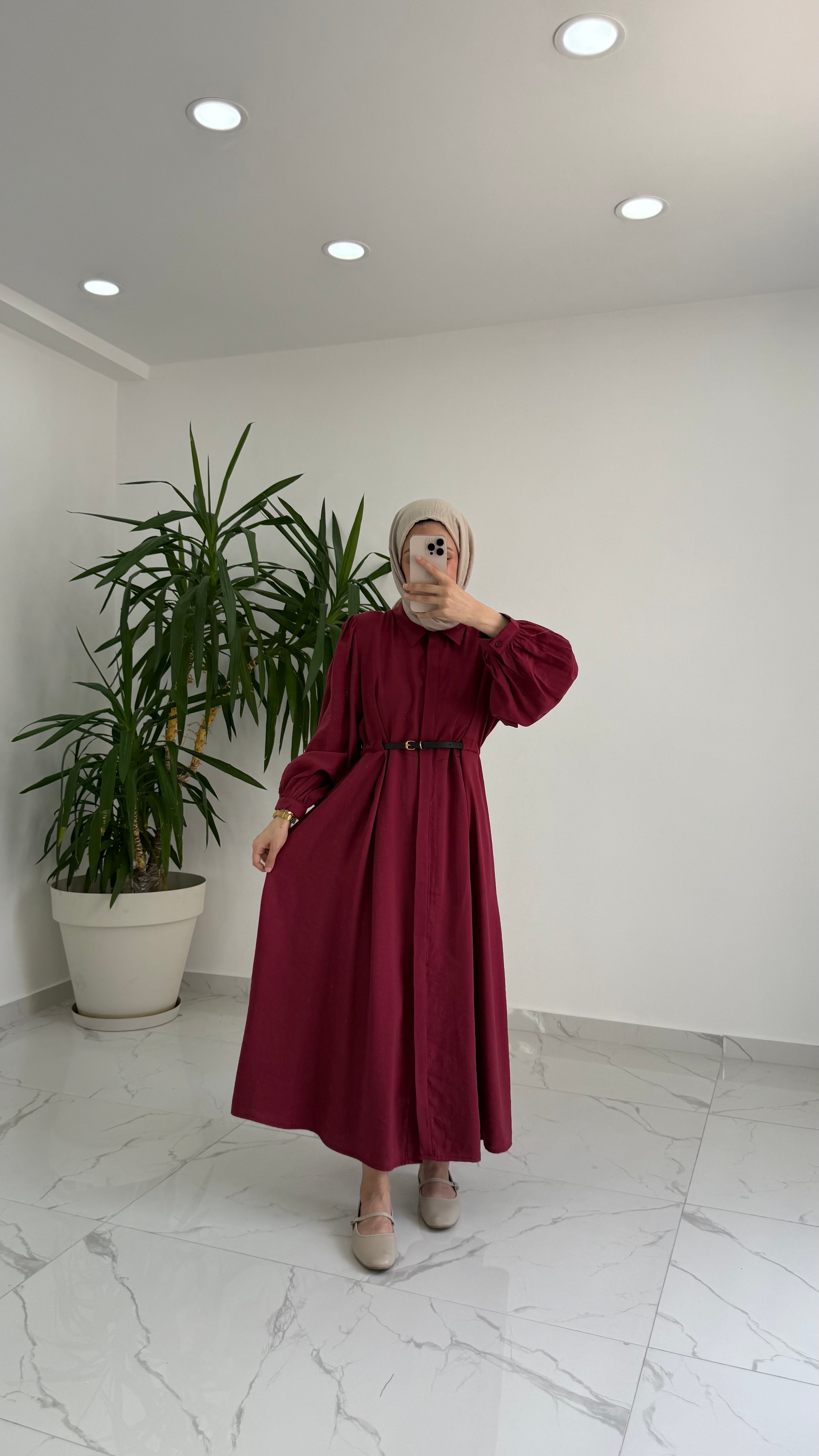 Ruby Beli Kemer Detaylı Elbise - Bordo