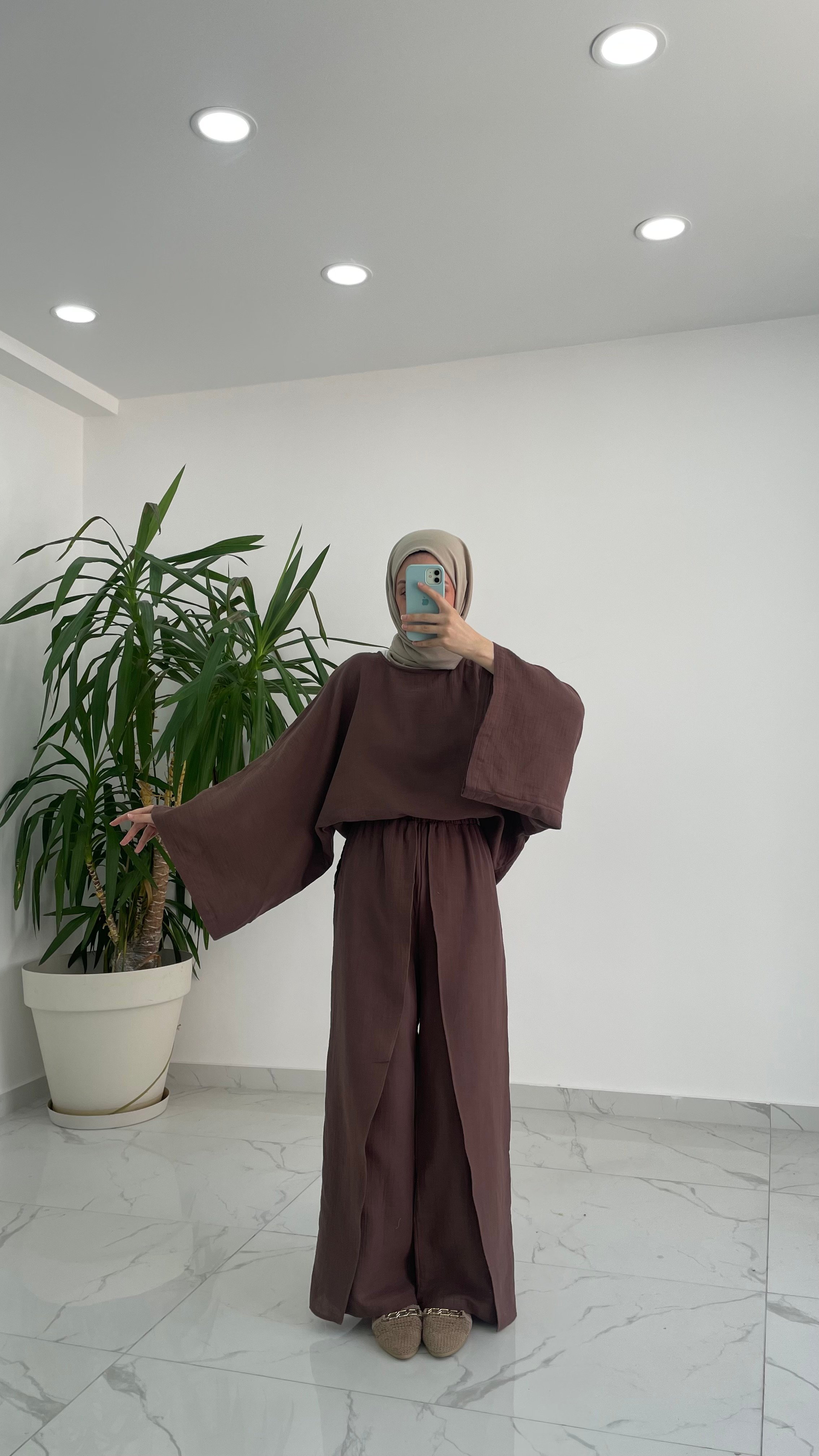Lana Müslin Tulum Takım - Kahverengi
