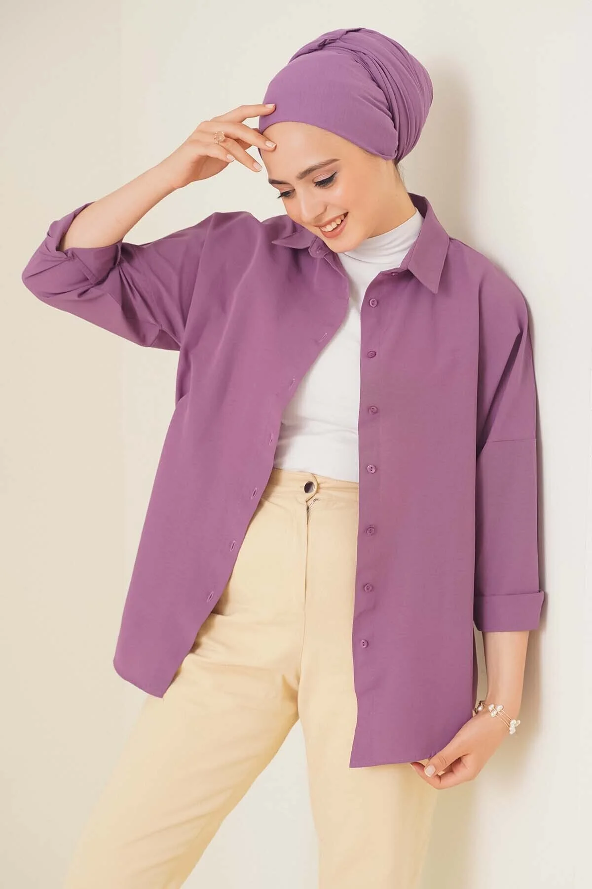 Oversize Basic Tesettür Gömlek - koyu lila