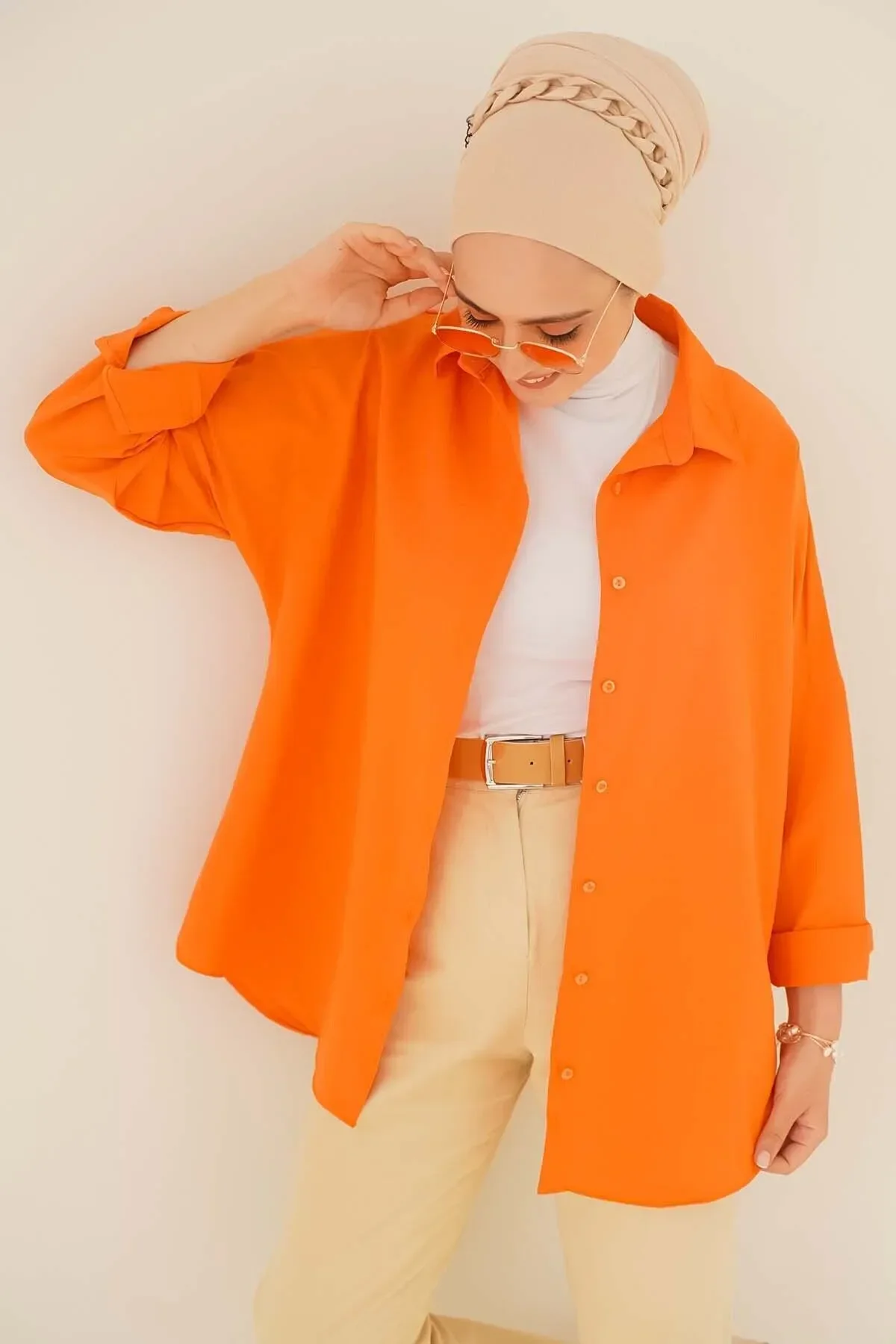 Oversize Basic Tesettür Gömlek - turuncu