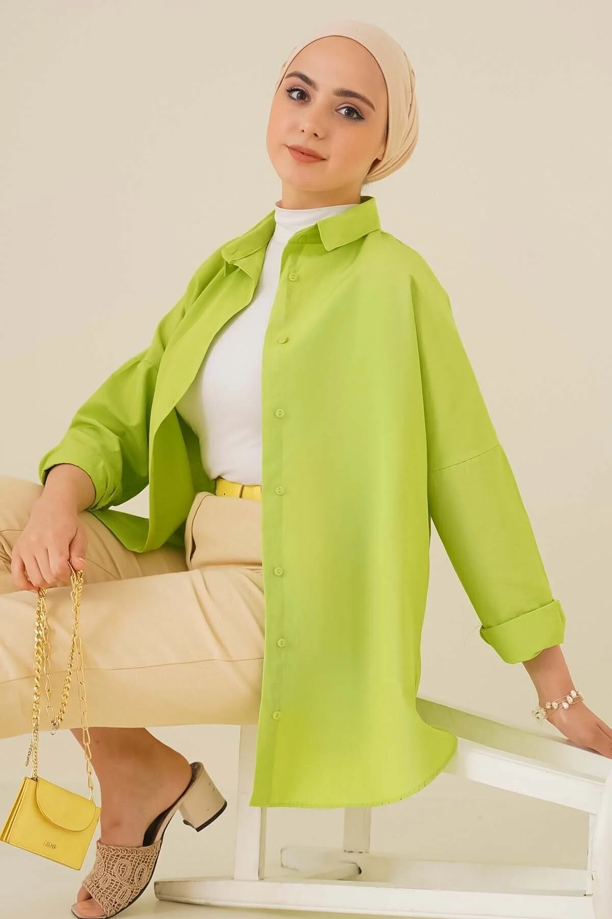 Oversize Basic Tesettür Gömlek - g.yeşil