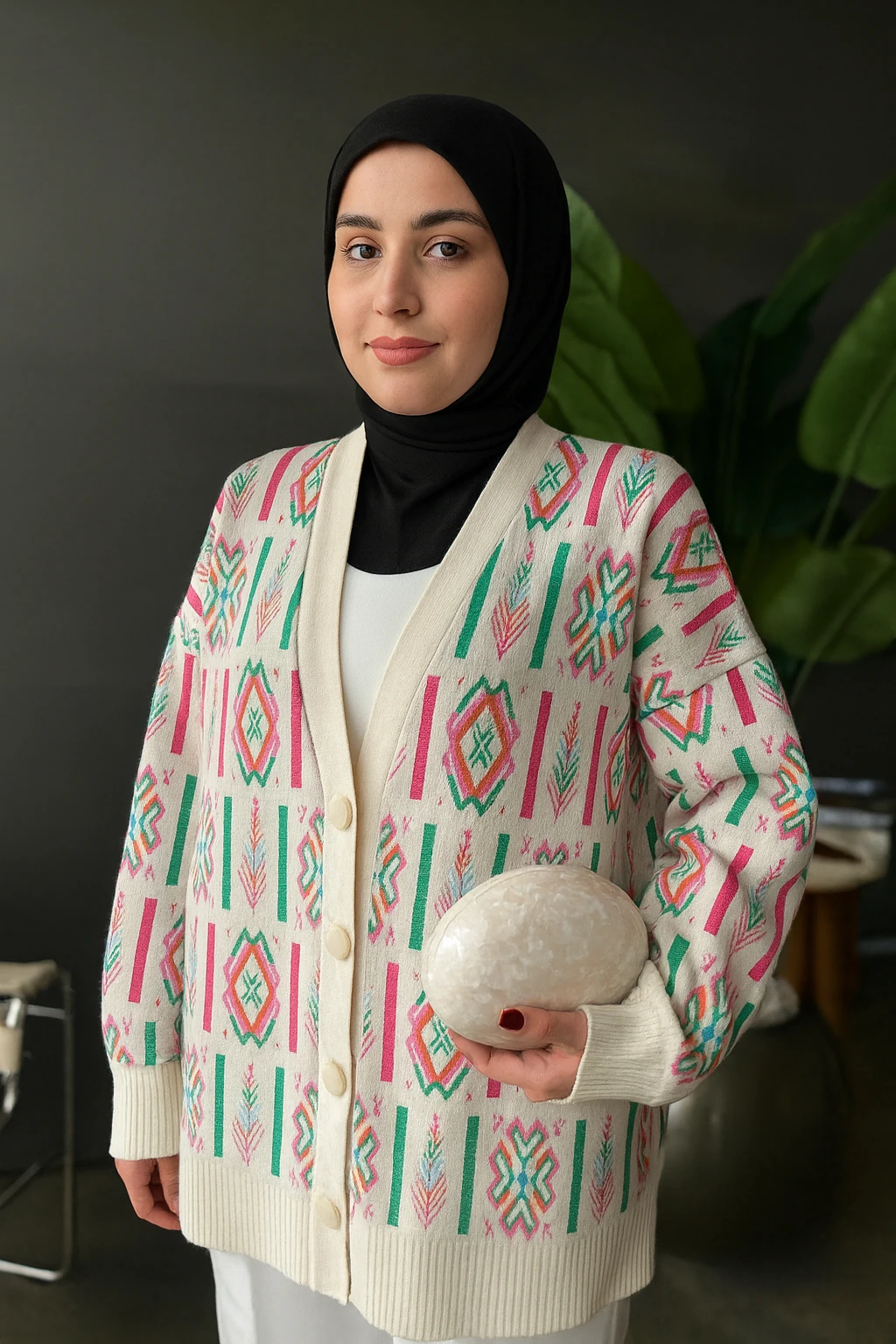 Triko Oversiz Etnik Desen Hırka