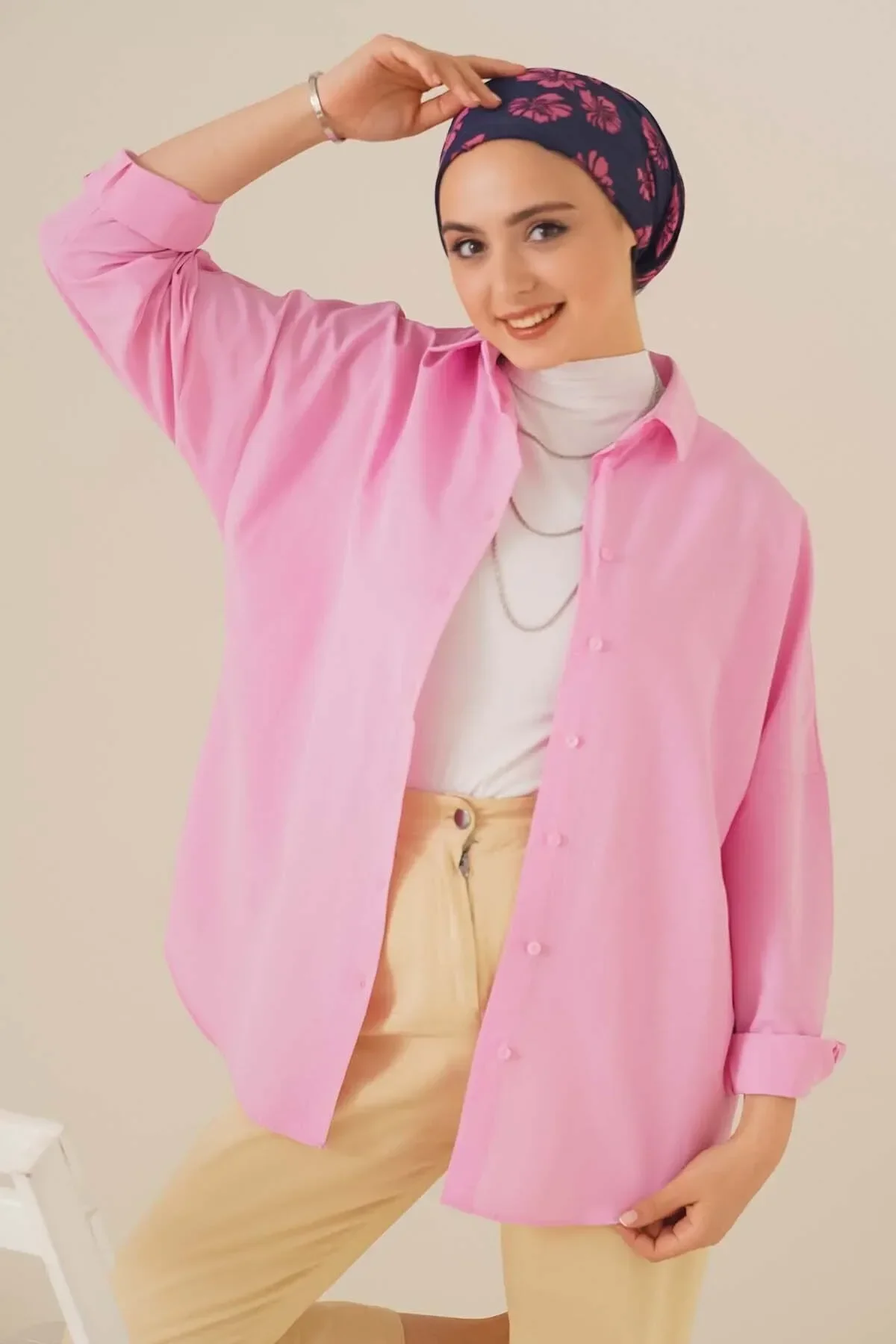 Oversize Basic Tesettür Gömlek - pembe