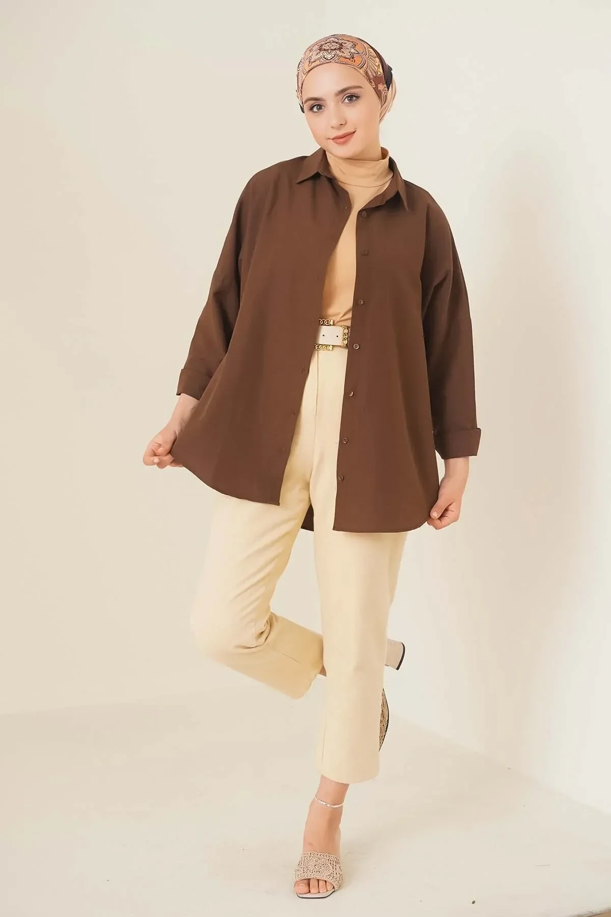 Oversize Basic Tesettür Gömlek - kahverengi