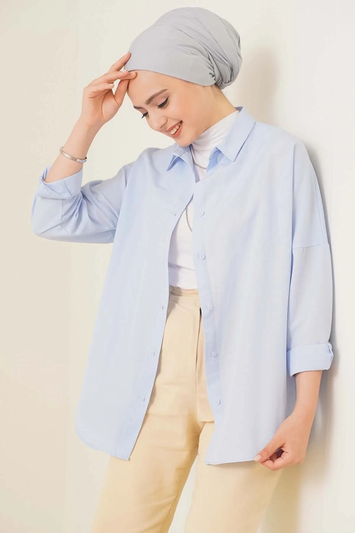 Oversize Basic Tesettür Gömlek - açık mavi
