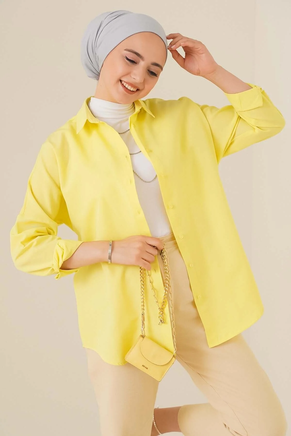 Oversize Basic Tesettür Gömlek - sarı