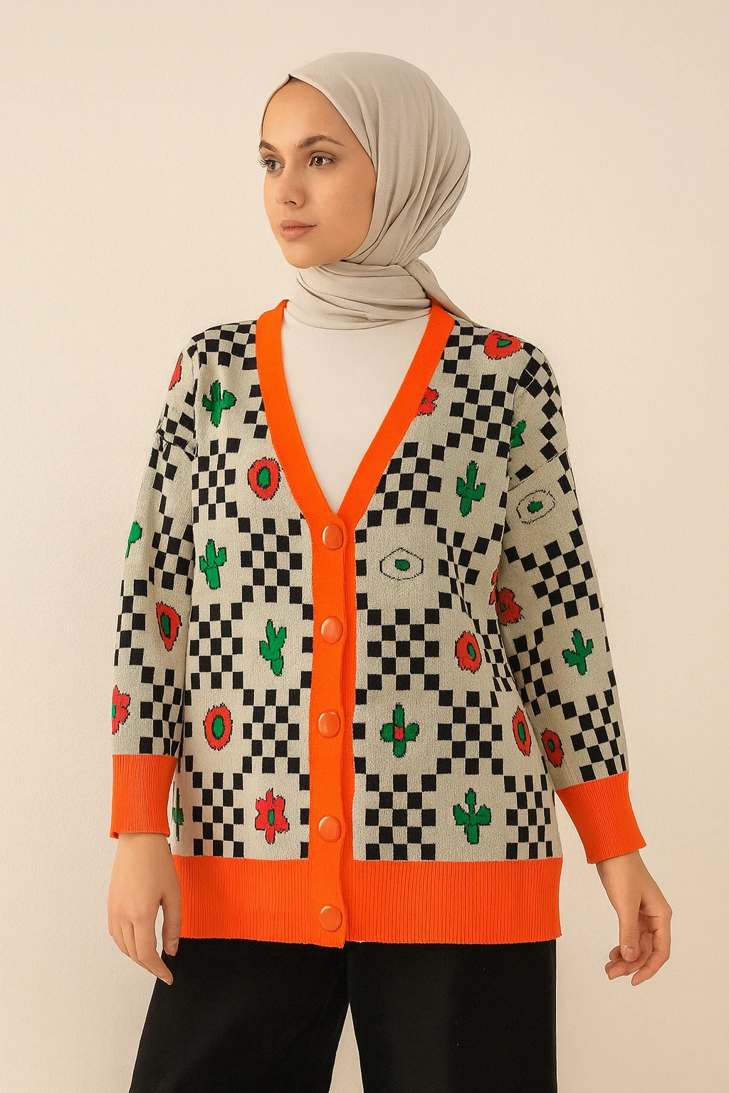 Pötikare & Çiçek Desenli Triko Hırka