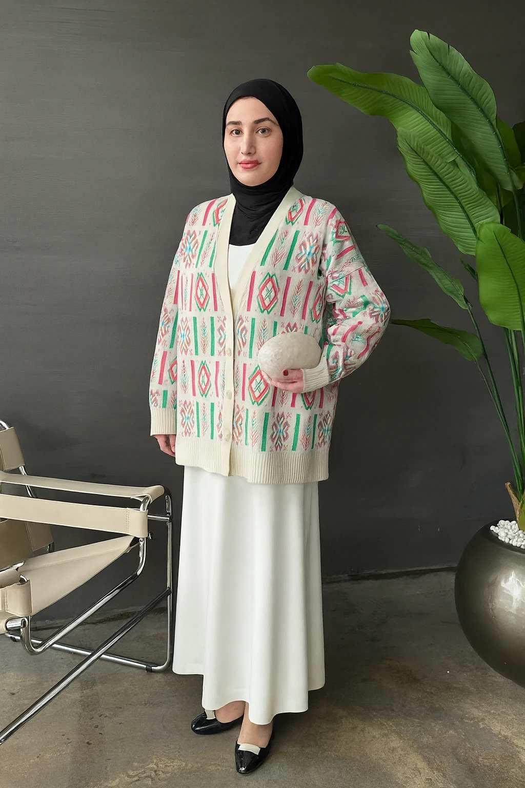 Triko Oversiz Etnik Desen Hırka