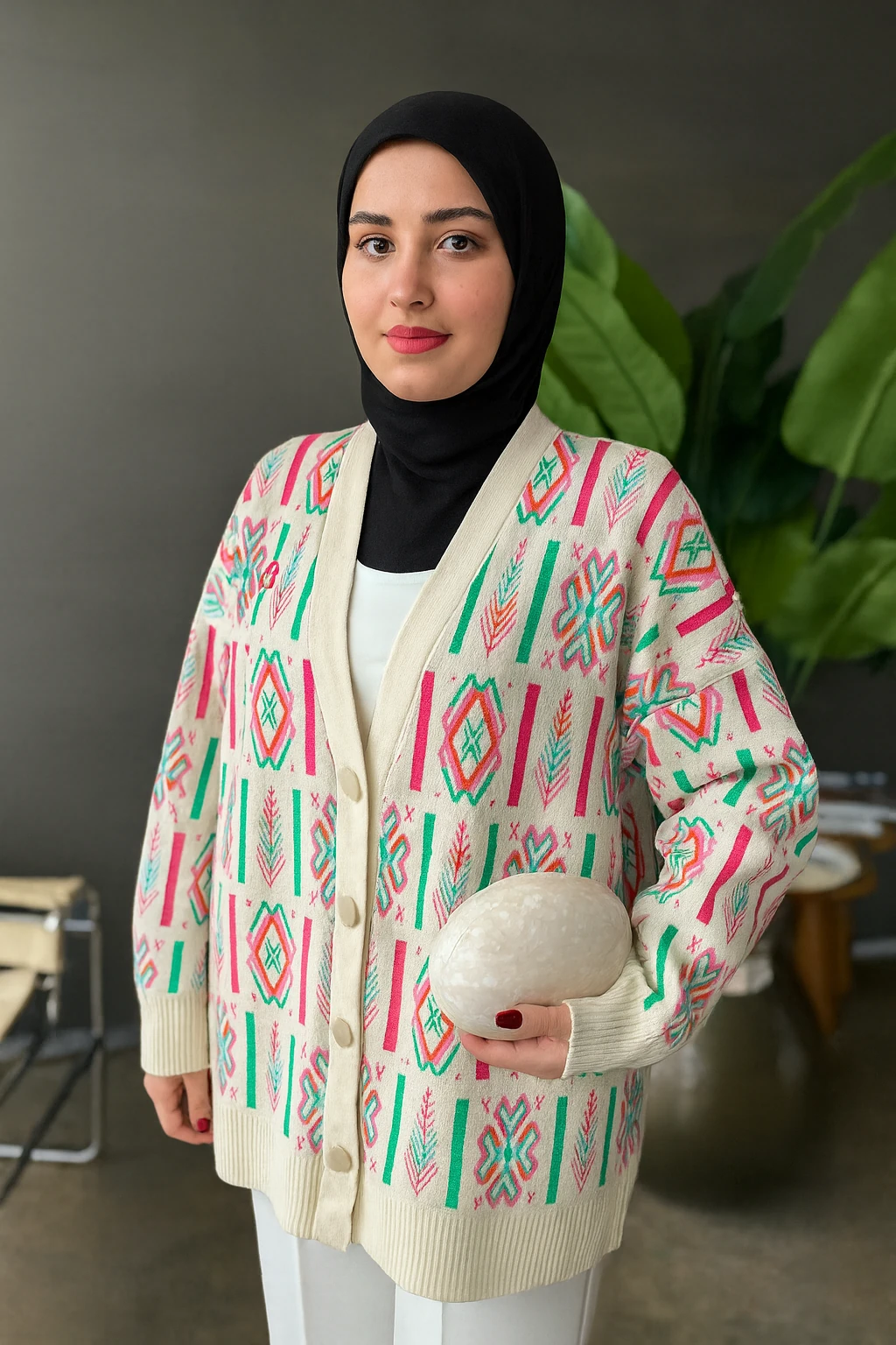 Triko Oversiz Etnik Desen Hırka