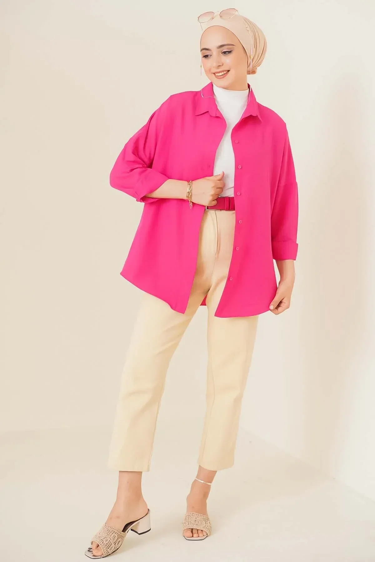Oversize Basic Tesettür Gömlek - koyu pembe
