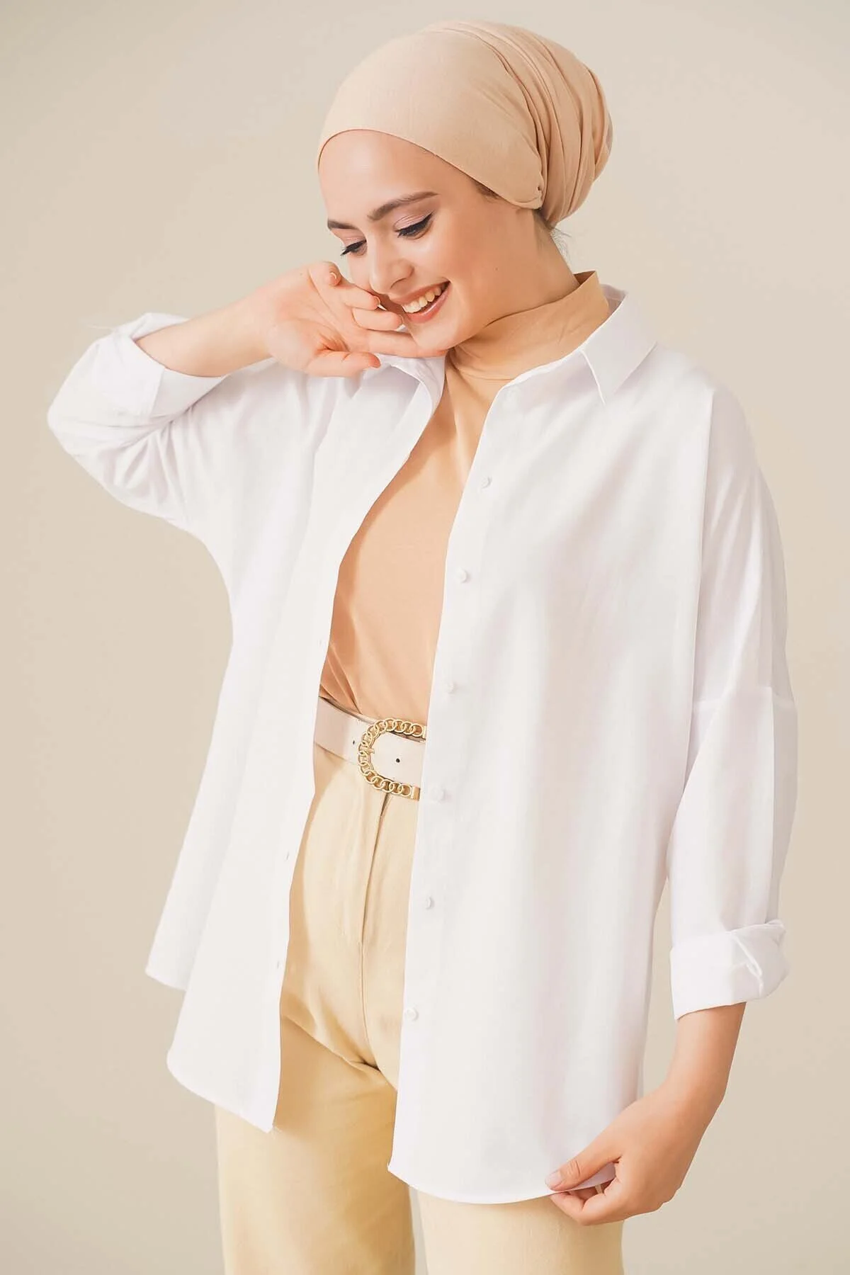 Oversize Basic Tesettür Gömlek - beyaz