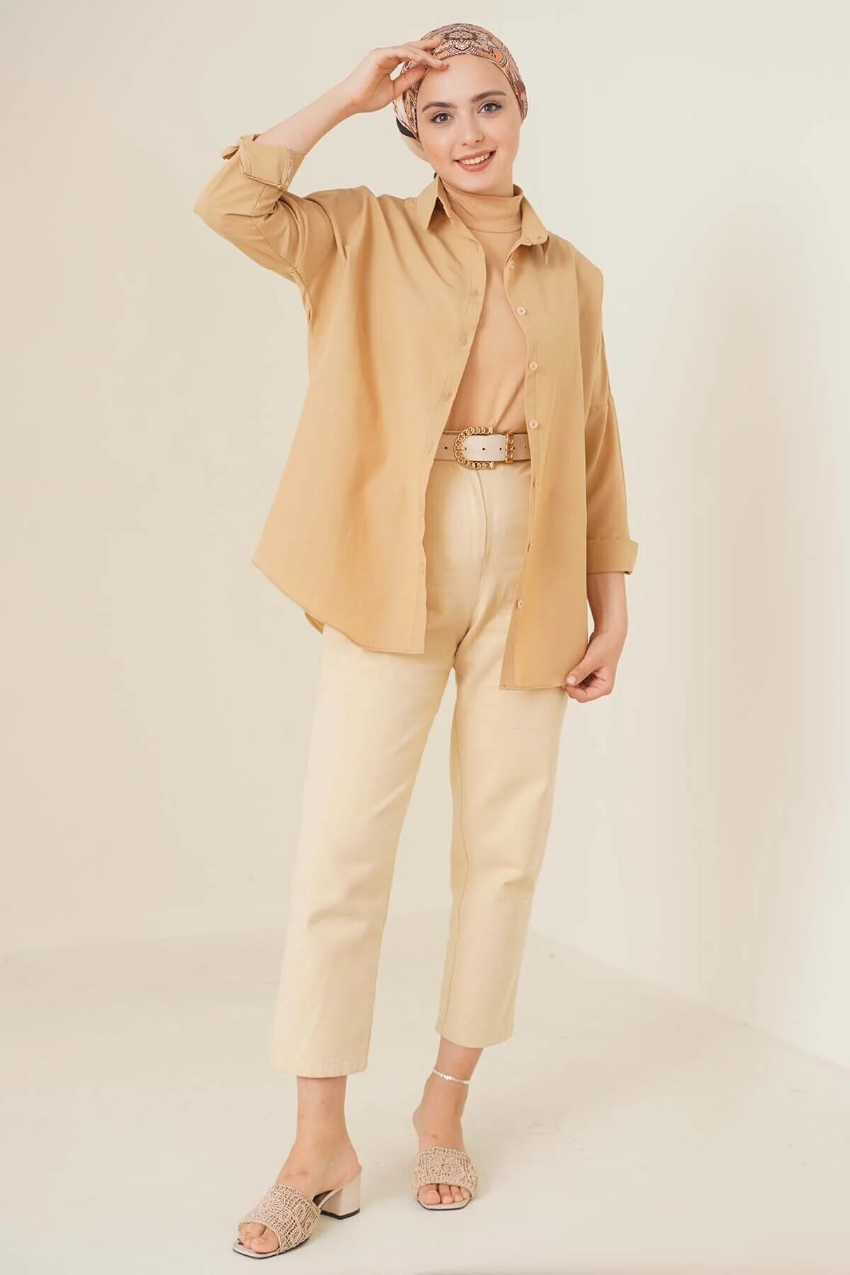 Oversize Basic Tesettür Gömlek - bej