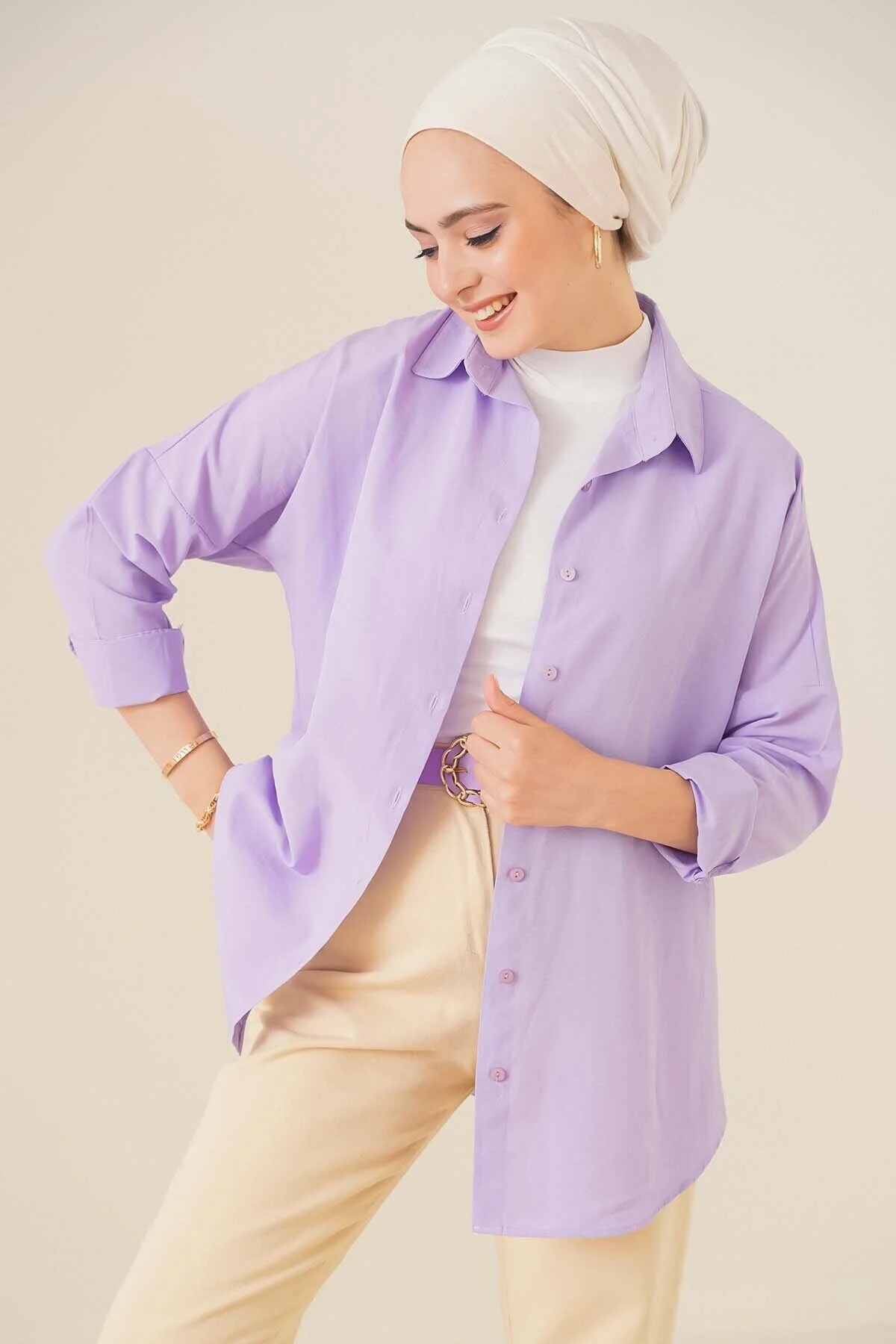 Oversize Basic Tesettür Gömlek - lila