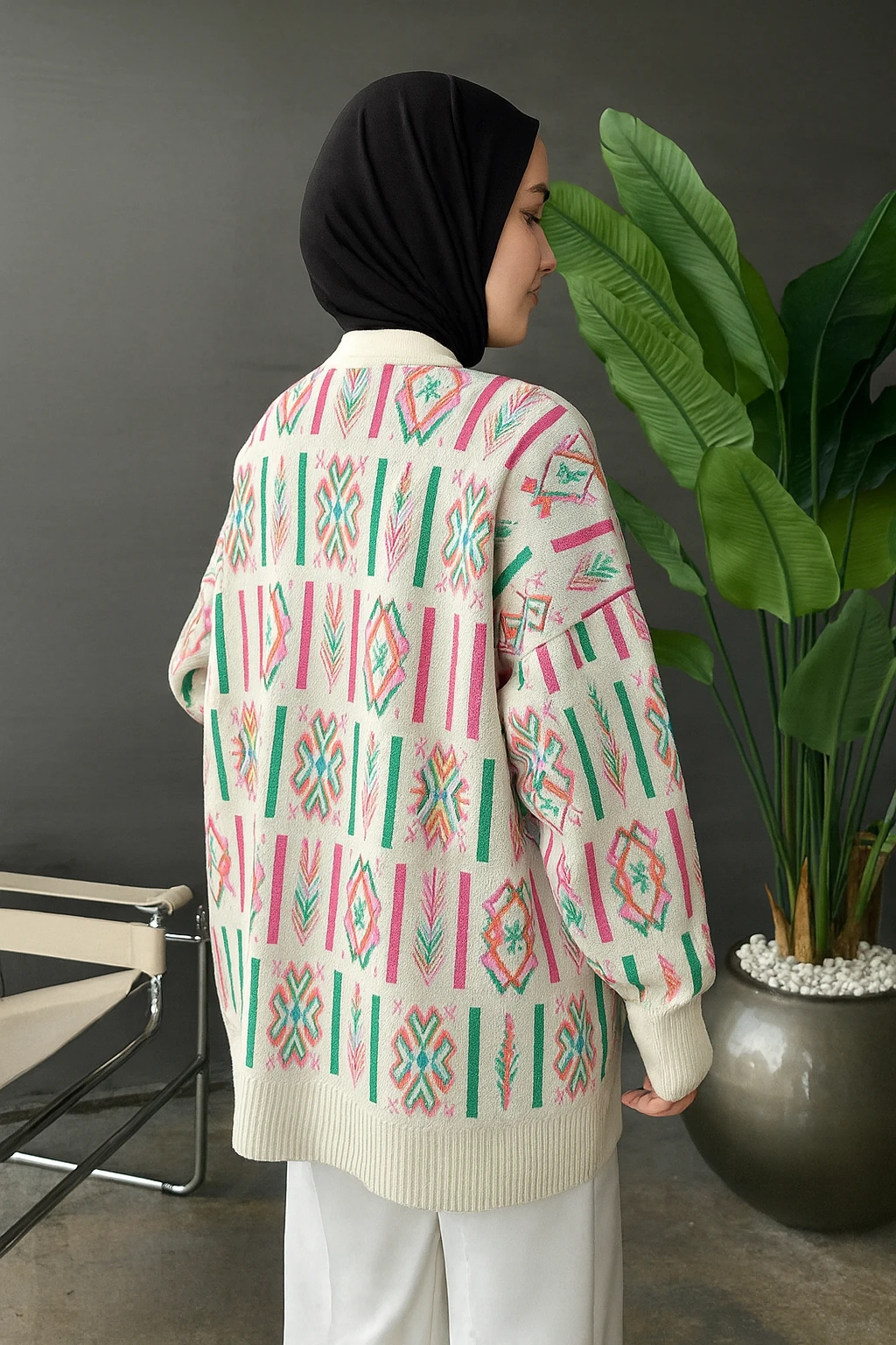 Triko Oversiz Etnik Desen Hırka