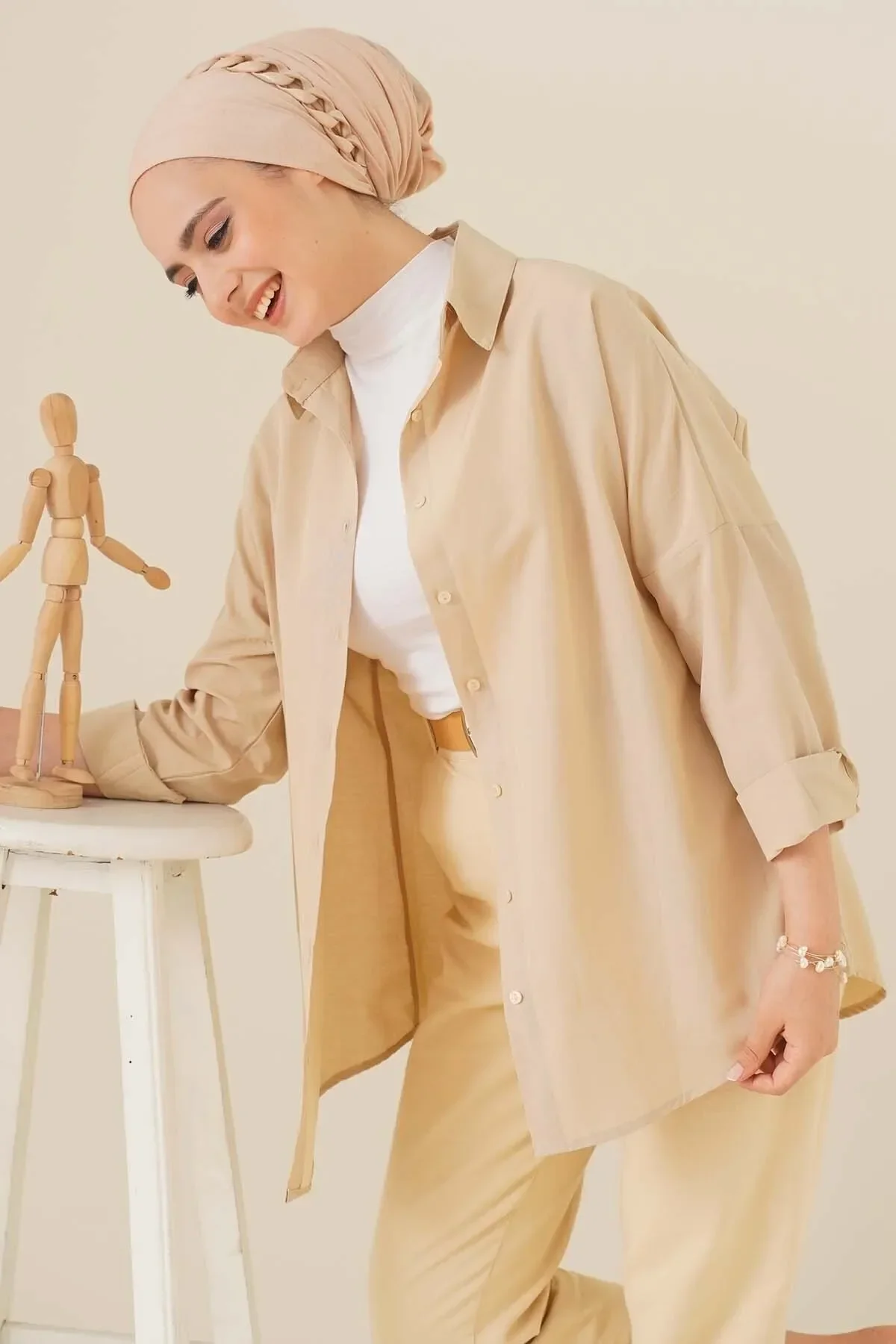 Oversize Basic Tesettür Gömlek - krem