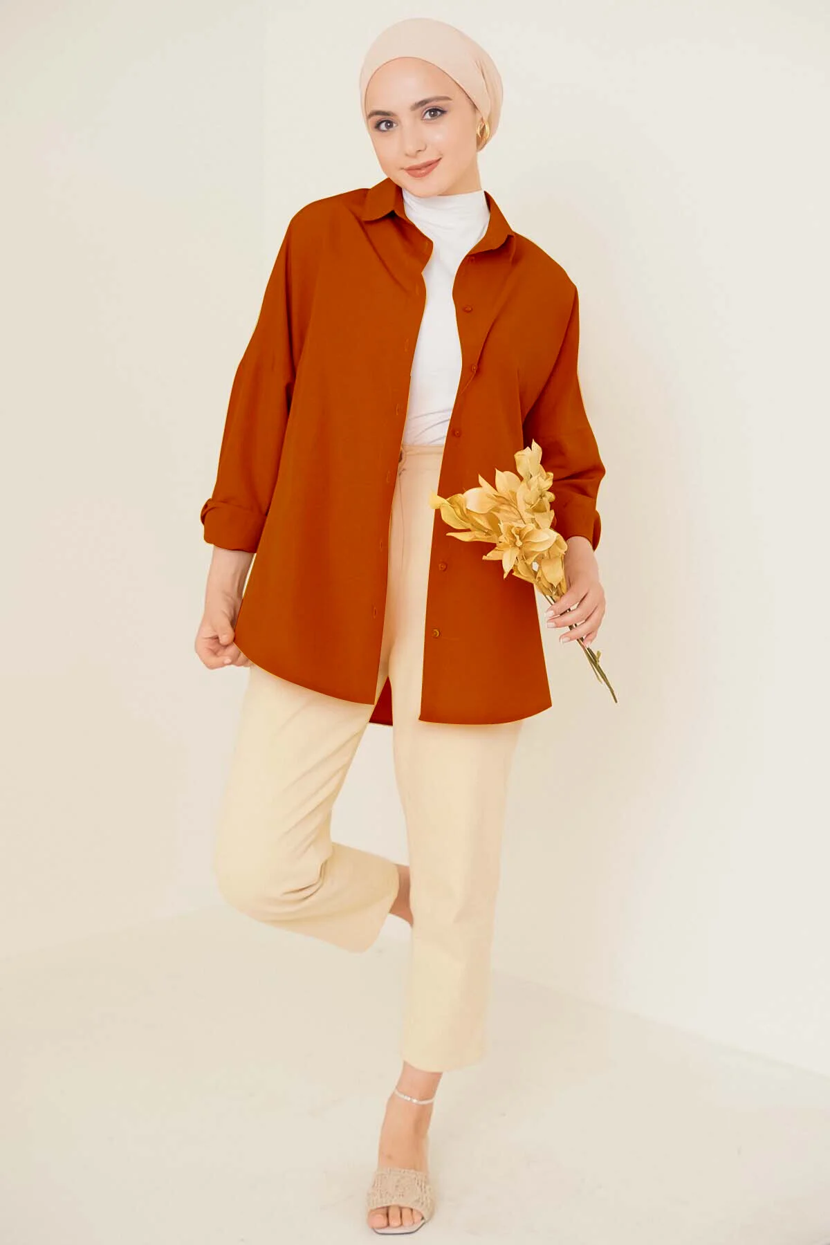 Oversize Basic Tesettür Gömlek - kiremit