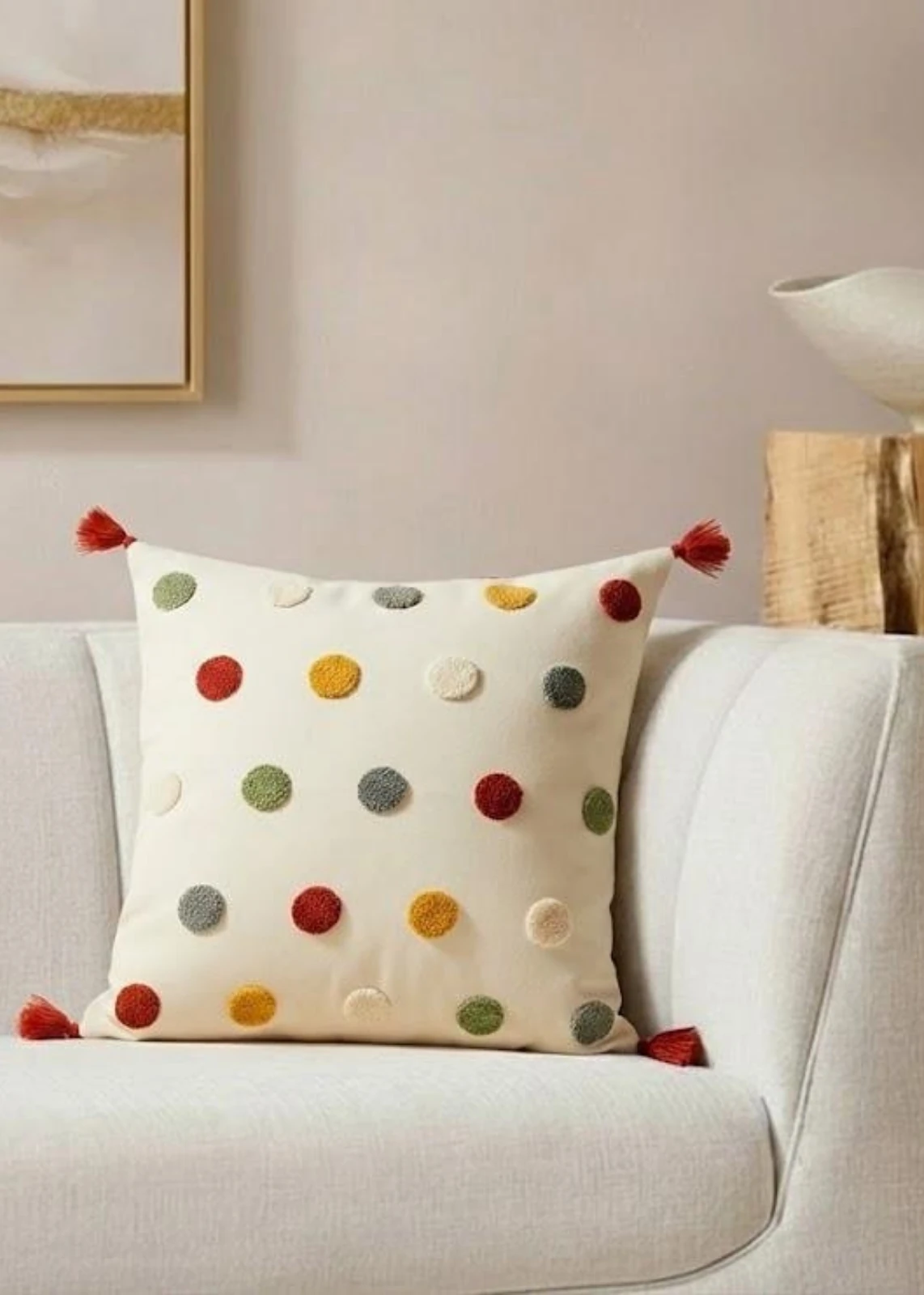 Renkli Nokta Punch Nakışlı Dekoratif Püsküllü Kırlent Kılıfı Pamuk 42x42 cm