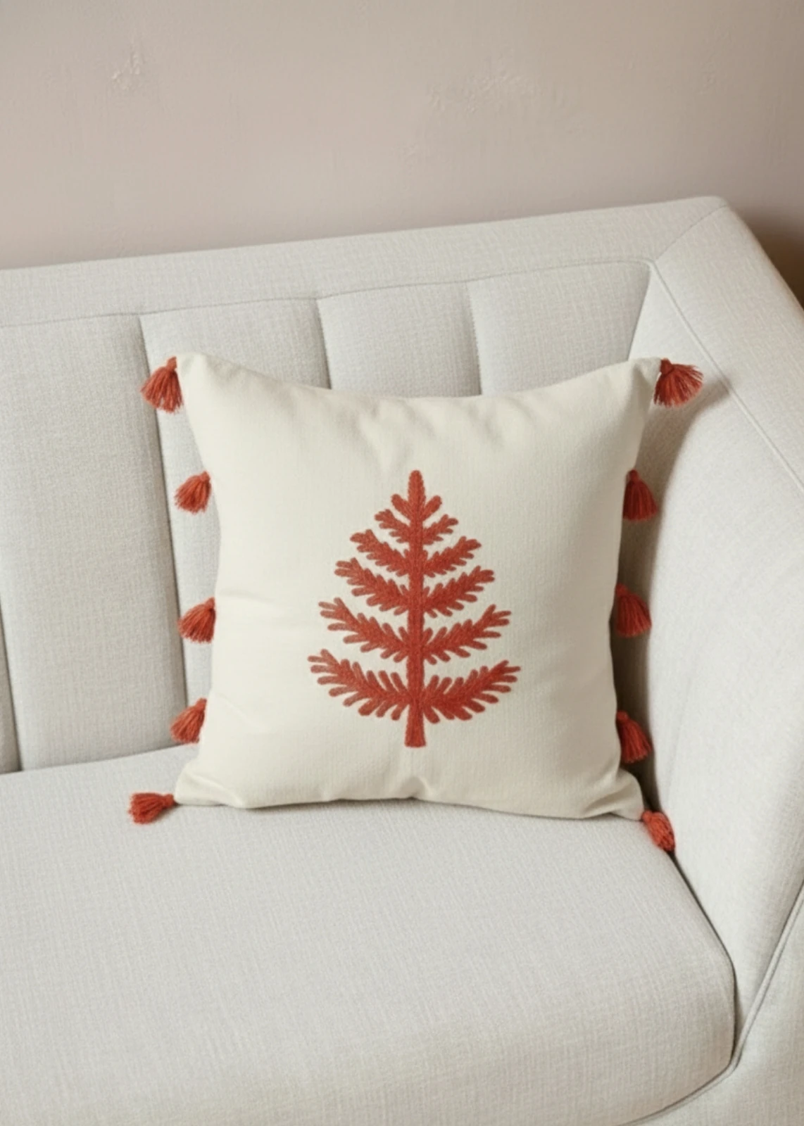 Renkli Ağaç Punch Nakışlı Dekoratif Püsküllü Kırlent Kılıfı Pamuk 42x42 cm 