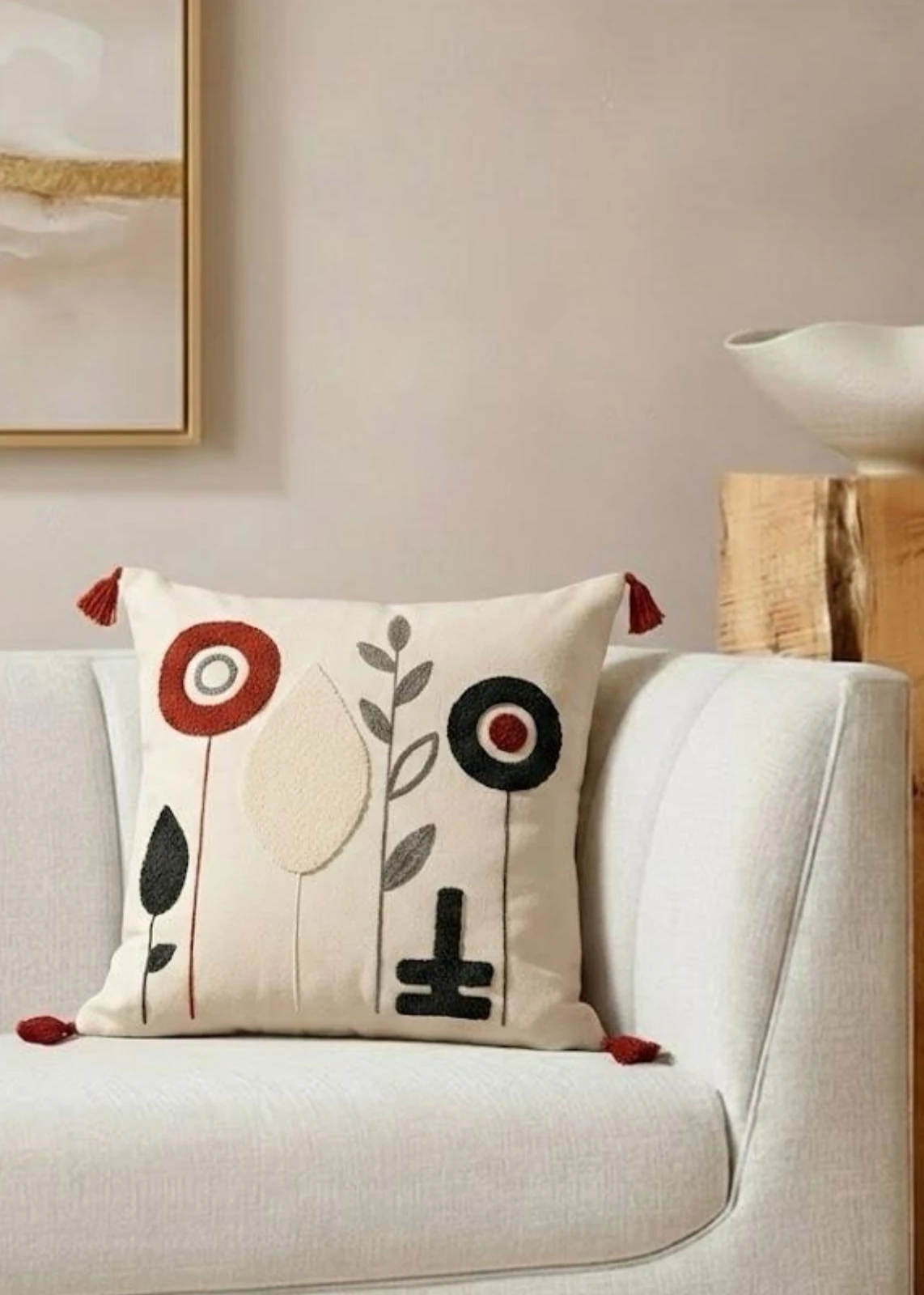 Renkli Modern Çiçekler Punch Nakışlı Dekorarit Püsküllü Kırlent Kılıfı Pamuk 42x42 cm 