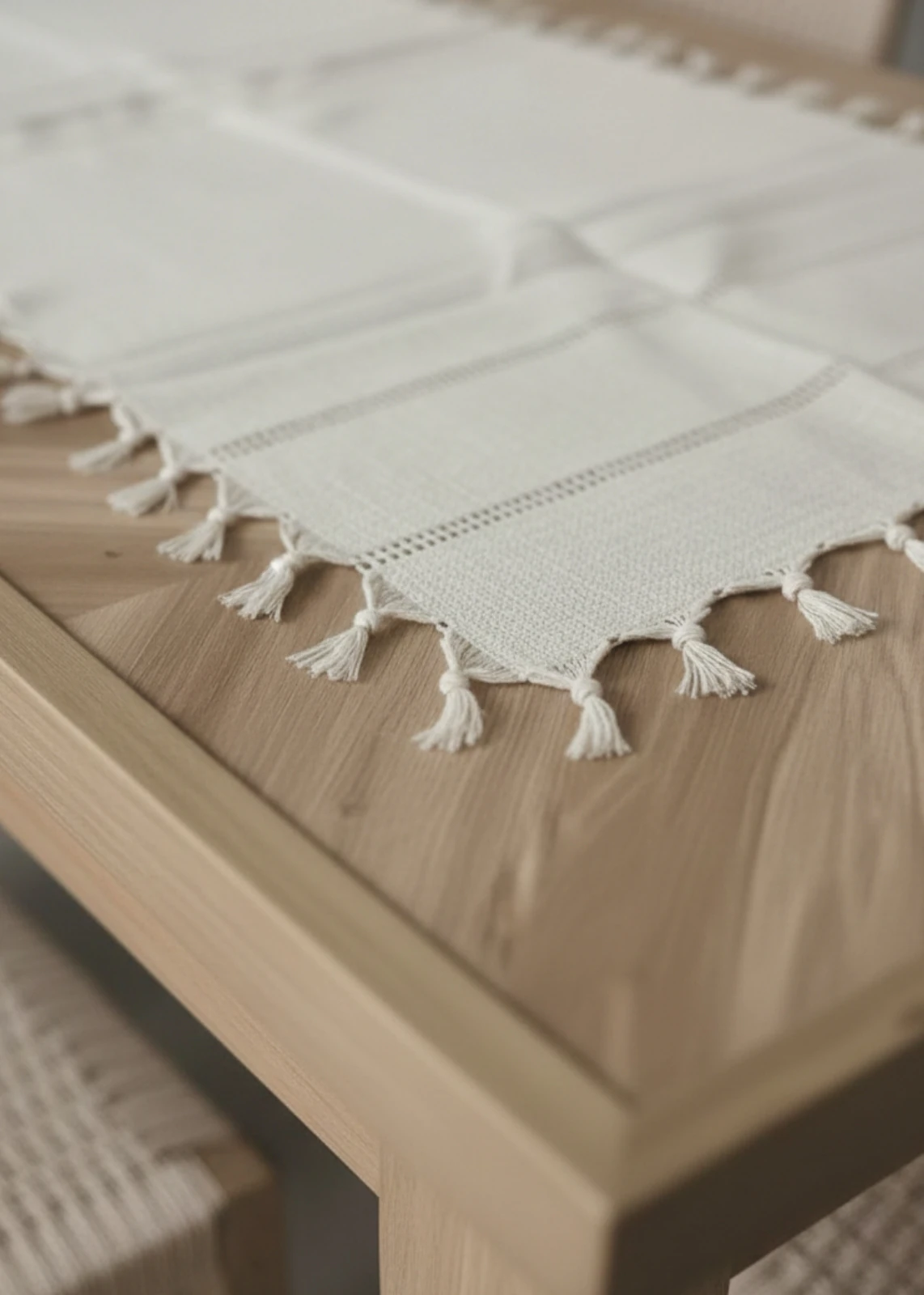 Bej Püsküllü Dokuma Masa Runnerı (55x135 cm)