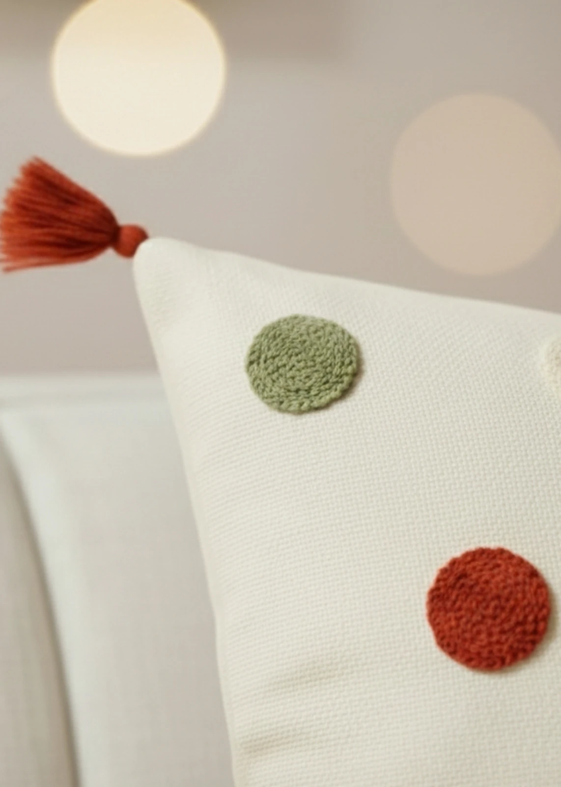 Renkli Nokta Punch Nakışlı Dekoratif Püsküllü Kırlent Kılıfı Pamuk 42x42 cm