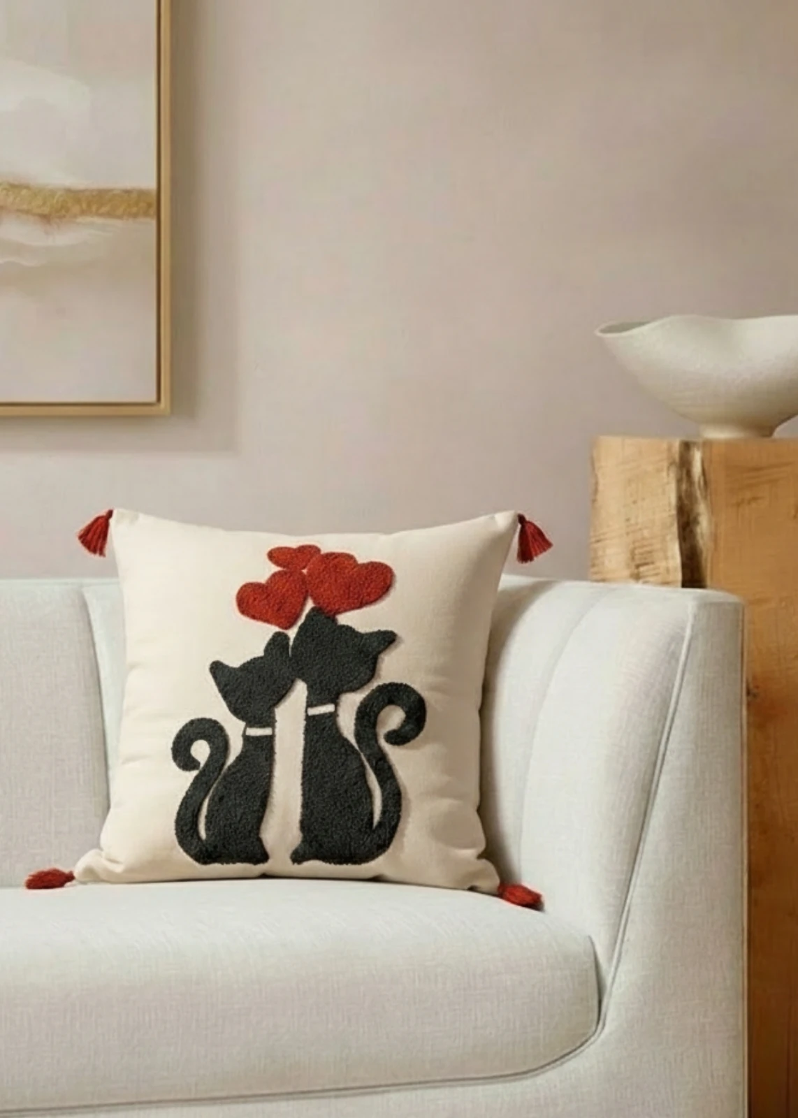 Renkli Kedi Motifli Punch Nakışlı Dekoratif Kırlent Kılıfı Pamuk 42x 42 cm 