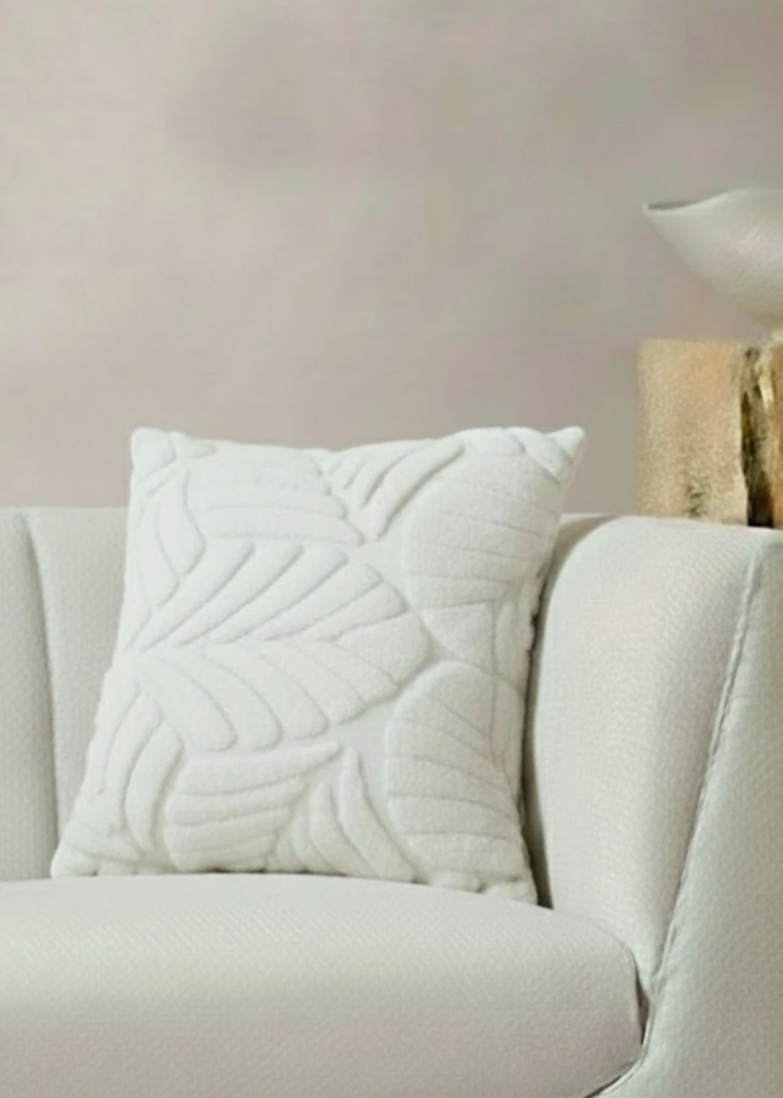 Ekru Yaprak Desenli Modern Punch Nakışlı Tufting Welsoft Kırlent Kılıfı 43x43 cm