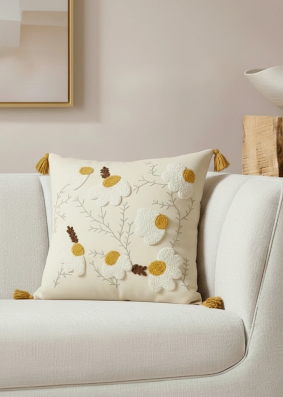 Renkli Bahar Çiçeği Punch Nakışlı Dekoratif Püsküllü Kırlent Kılıfı Pamuk 42x42 cm 