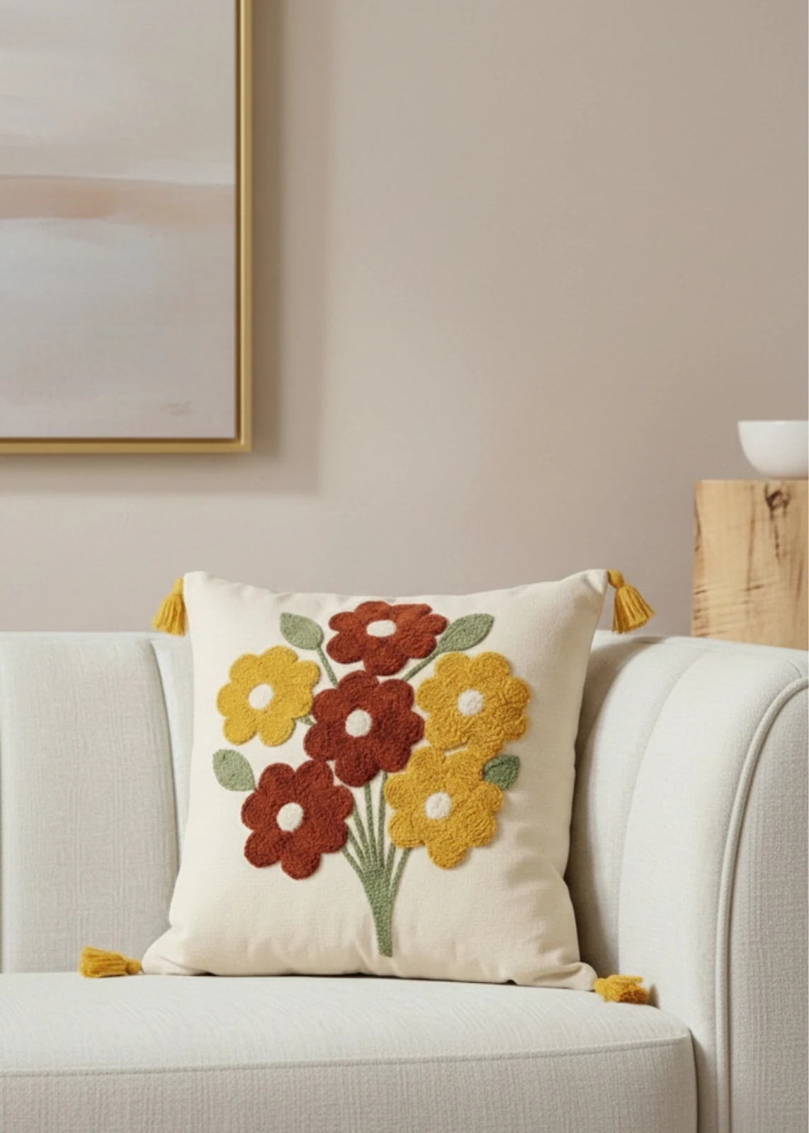 Renkli Çiçek Buketi Punch Nakışlı Dekoratif Püsküllü Kırlent Kılıfı Pamuk 42x42 cm 