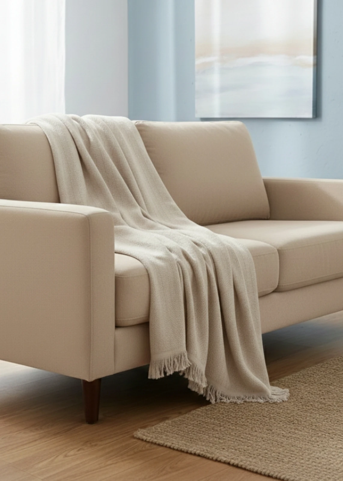 Renkli Dokuma Saçaklı Modern Koltuk Örtüsü Tv Şalı  - Bej