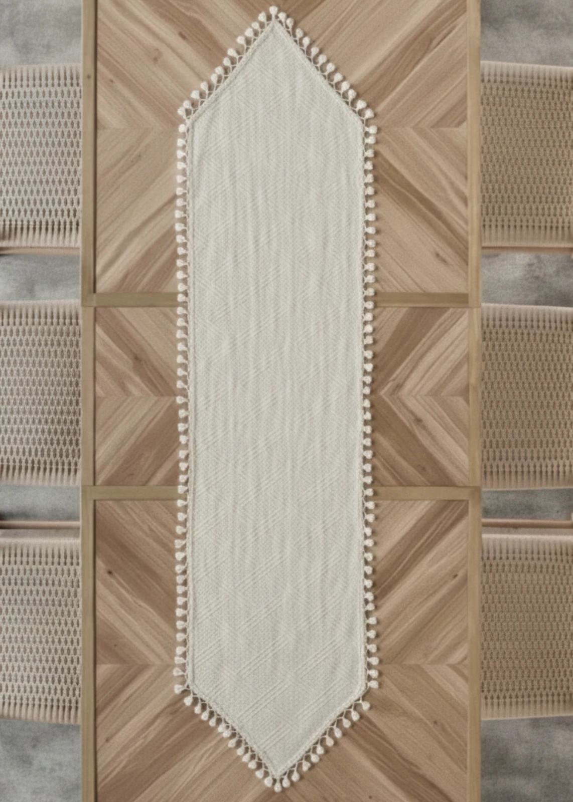 Bej Dokulu Püsküllü Dekoratif Masa Runnerı (50x140 cm)