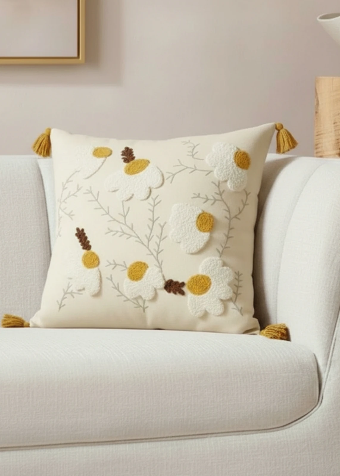 Renkli Bahar Çiçeği Punch Nakışlı Dekoratif Püsküllü Kırlent Kılıfı Pamuk 42x42 cm 