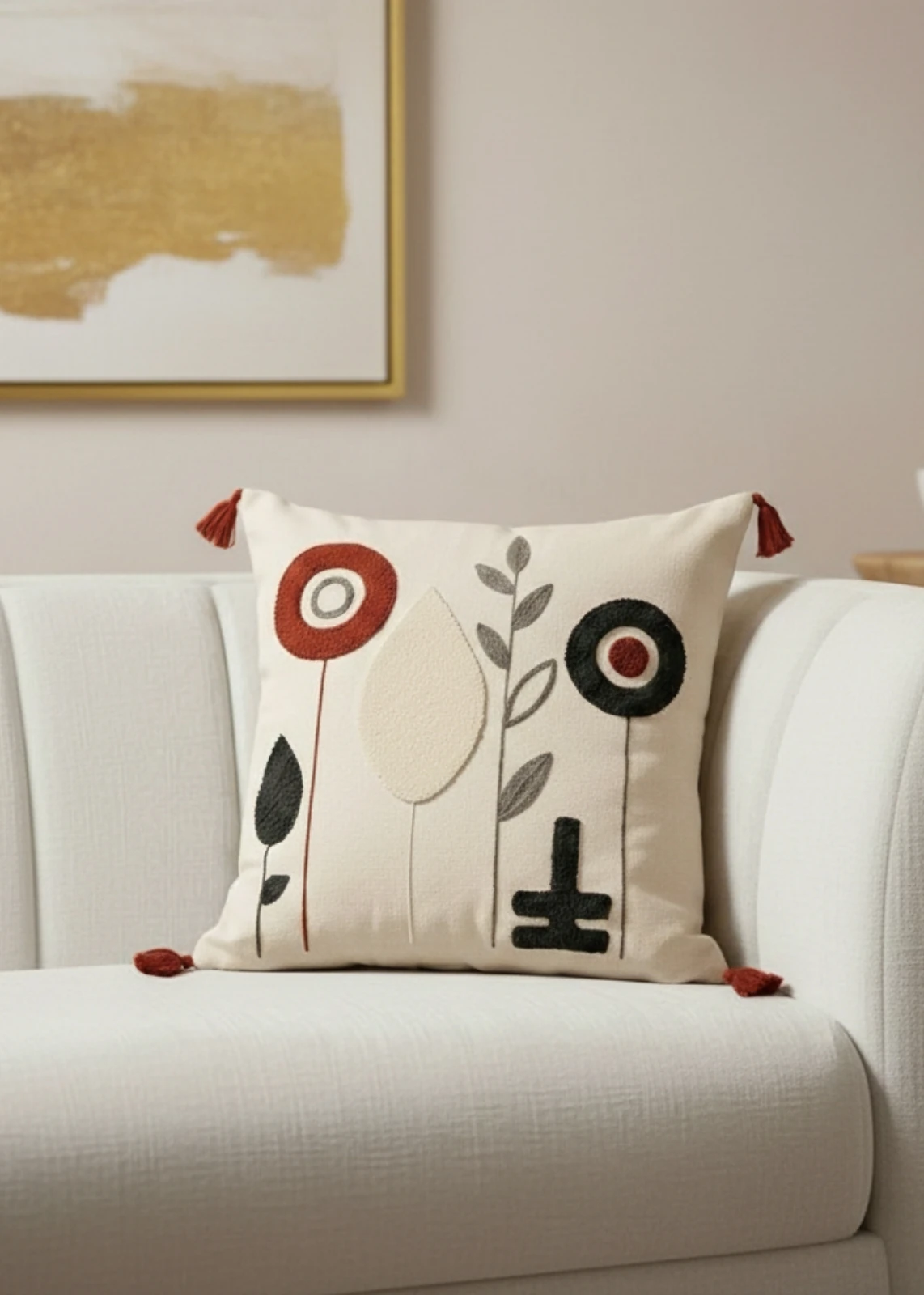 Renkli Modern Çiçekler Punch Nakışlı Dekorarit Püsküllü Kırlent Kılıfı Pamuk 42x42 cm 