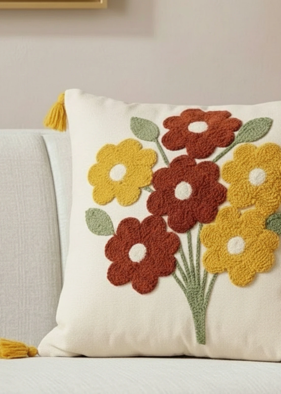 Renkli Çiçek Buketi Punch Nakışlı Dekoratif Püsküllü Kırlent Kılıfı Pamuk 42x42 cm 