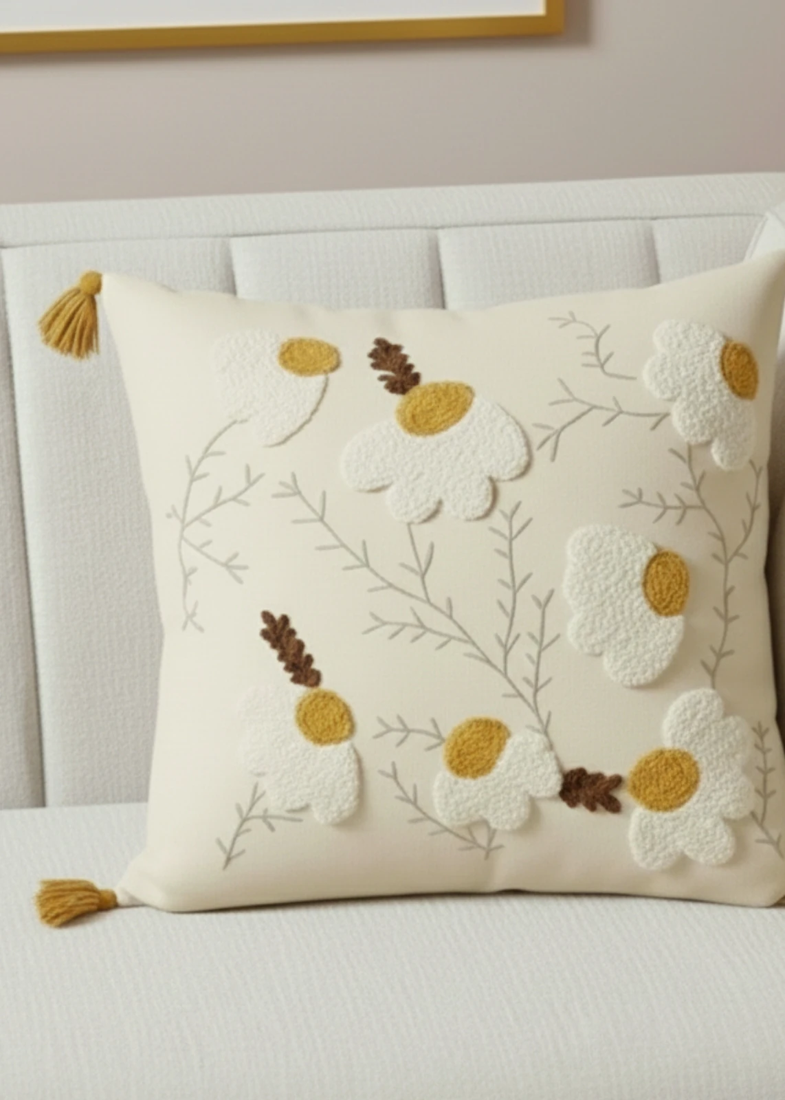 Renkli Bahar Çiçeği Punch Nakışlı Dekoratif Püsküllü Kırlent Kılıfı Pamuk 42x42 cm 