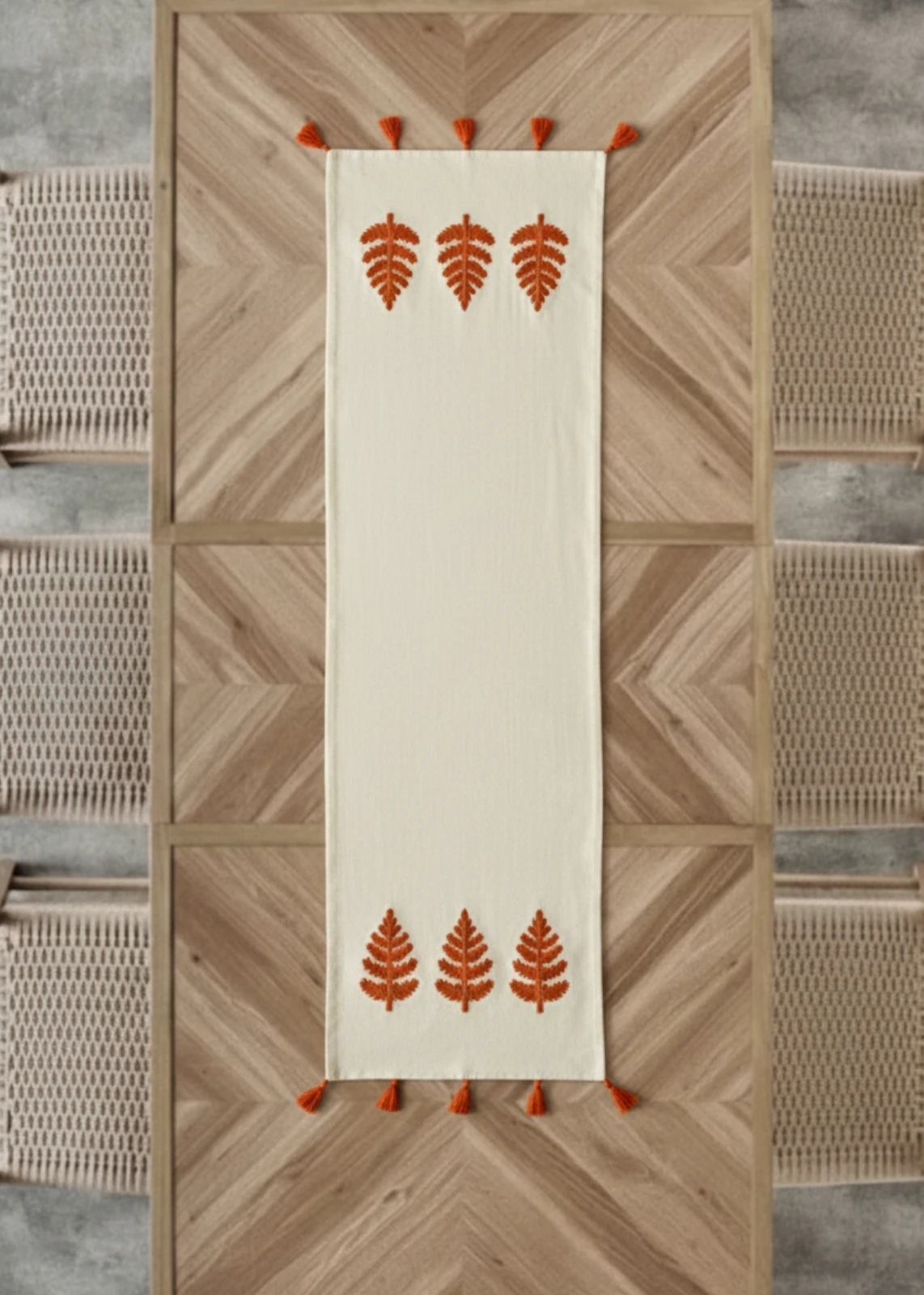 Punch Nakışlı Ağaç Motifli Püsküllü Masa Runner (40x130 cm) - Kiremit