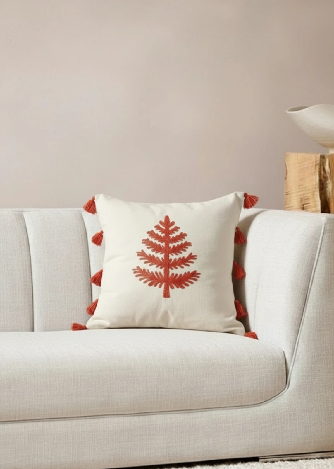 Renkli Ağaç Punch Nakışlı Dekoratif Püsküllü Kırlent Kılıfı Pamuk 42x42 cm  - Kiremit