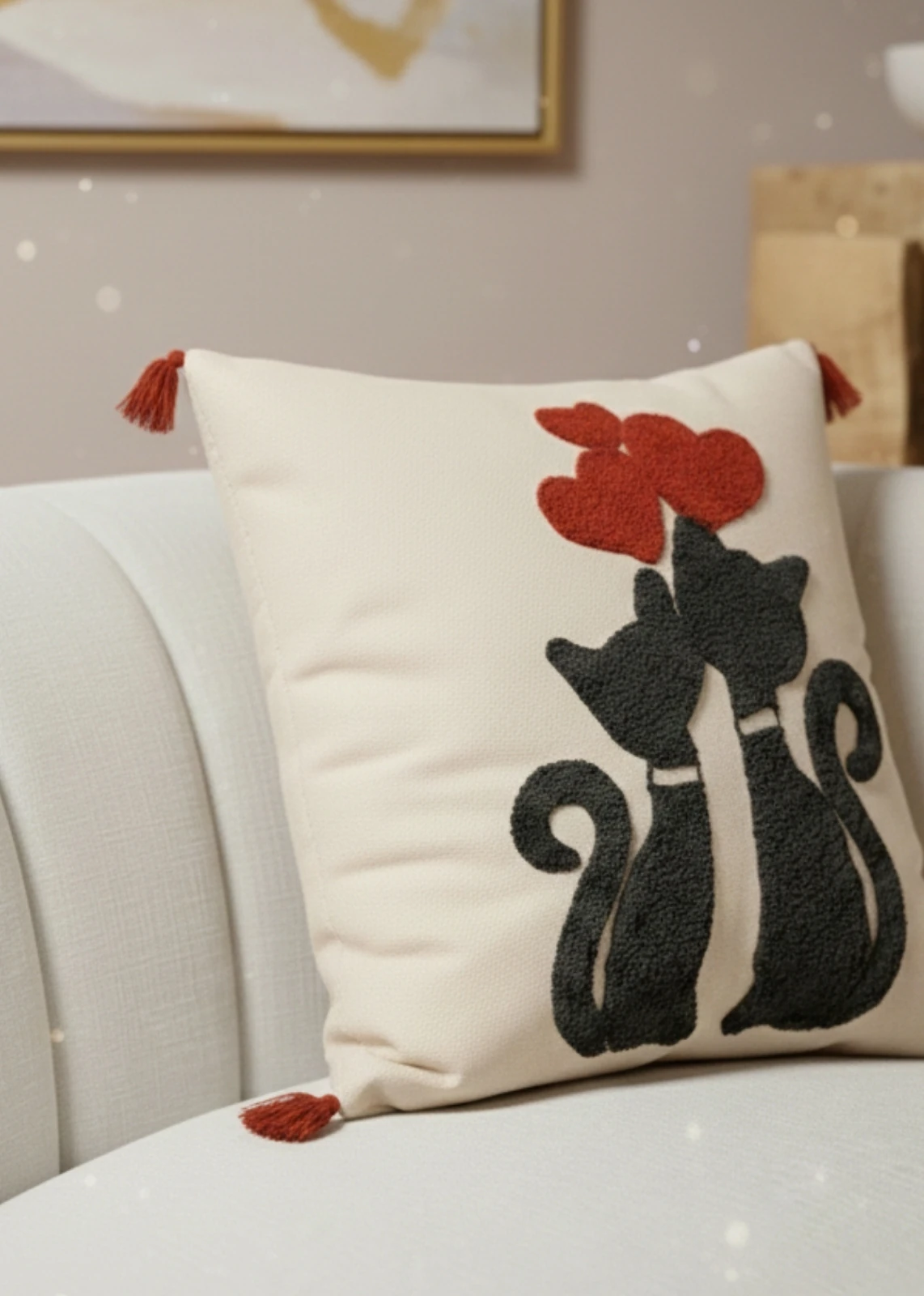 Renkli Kedi Motifli Punch Nakışlı Dekoratif Kırlent Kılıfı Pamuk 42x 42 cm 