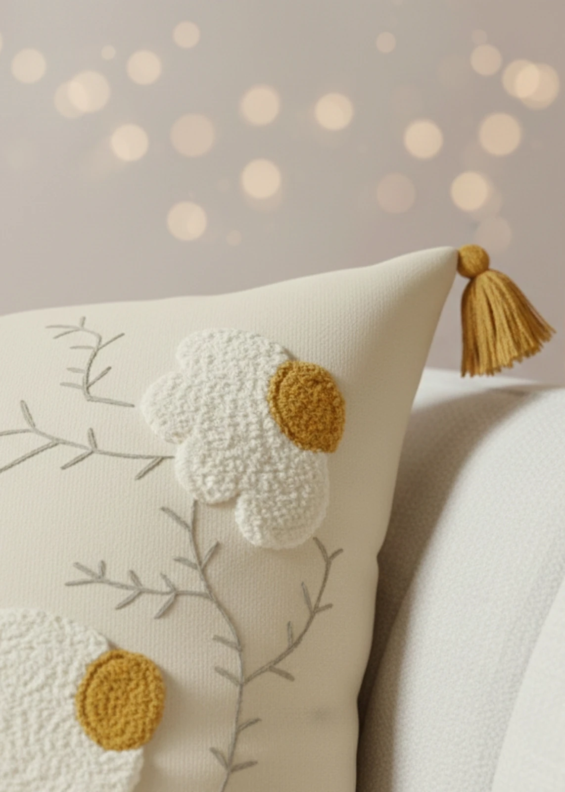 Renkli Bahar Çiçeği Punch Nakışlı Dekoratif Püsküllü Kırlent Kılıfı Pamuk 42x42 cm 