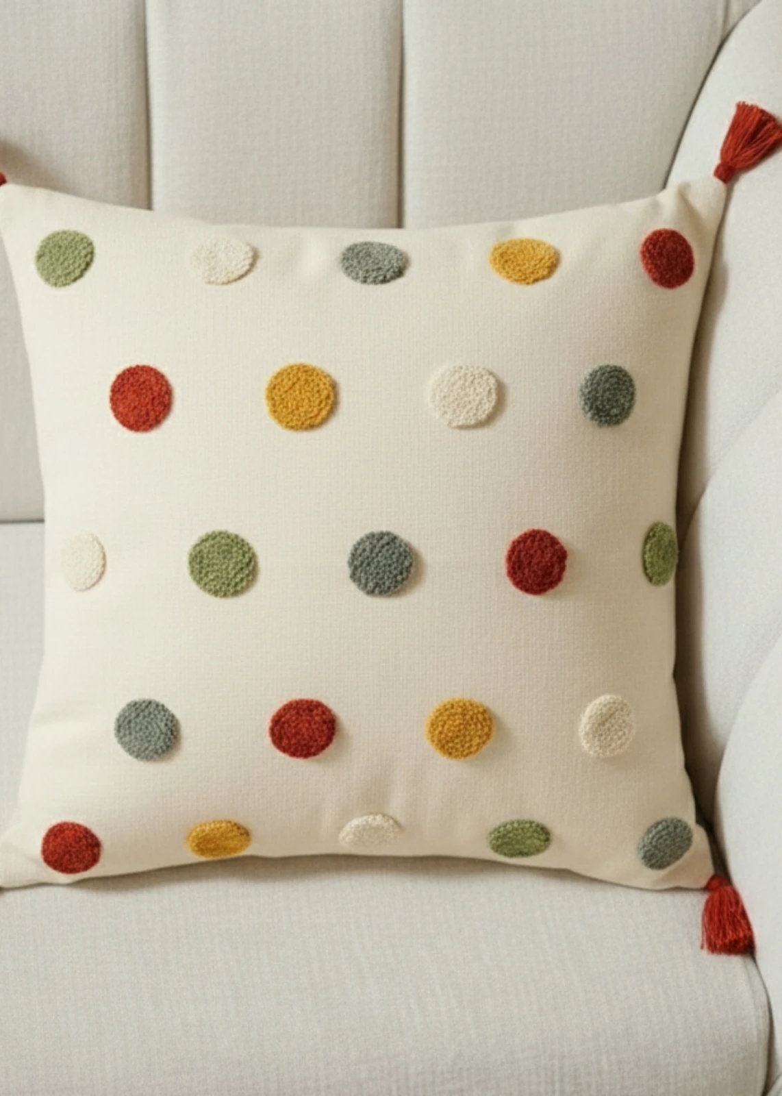 Renkli Nokta Punch Nakışlı Dekoratif Püsküllü Kırlent Kılıfı Pamuk 42x42 cm